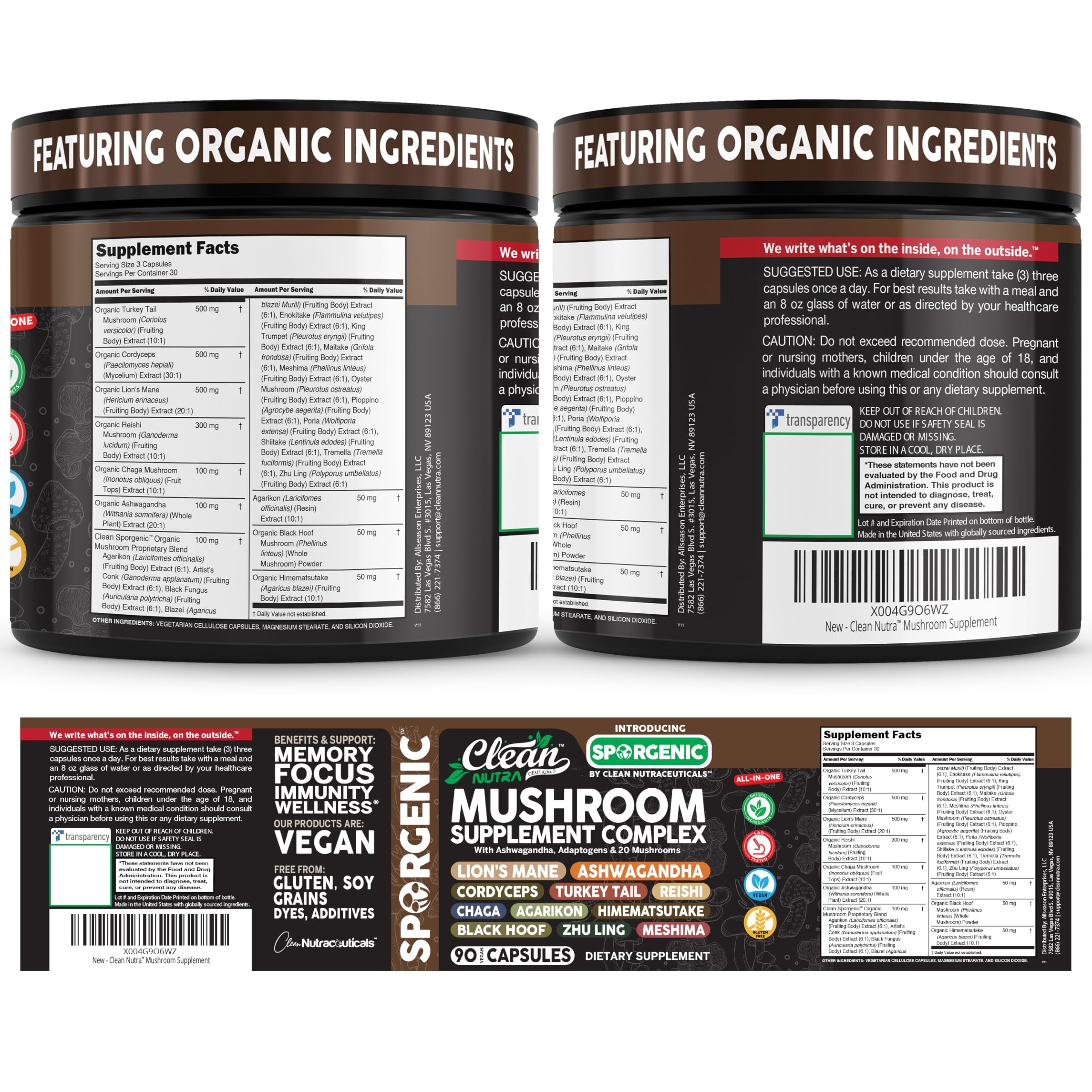 Organic Mushroom Supplement | Ashwagandha Lions Mane Cordyceps Turkey Tail Reishi Mushrooms Maca Root Black Hoof Chaga Tremella Agarikon Shiitake Oyster Powder Capsules Sporgenic By Clean Nutra (1) — Amazon image 9