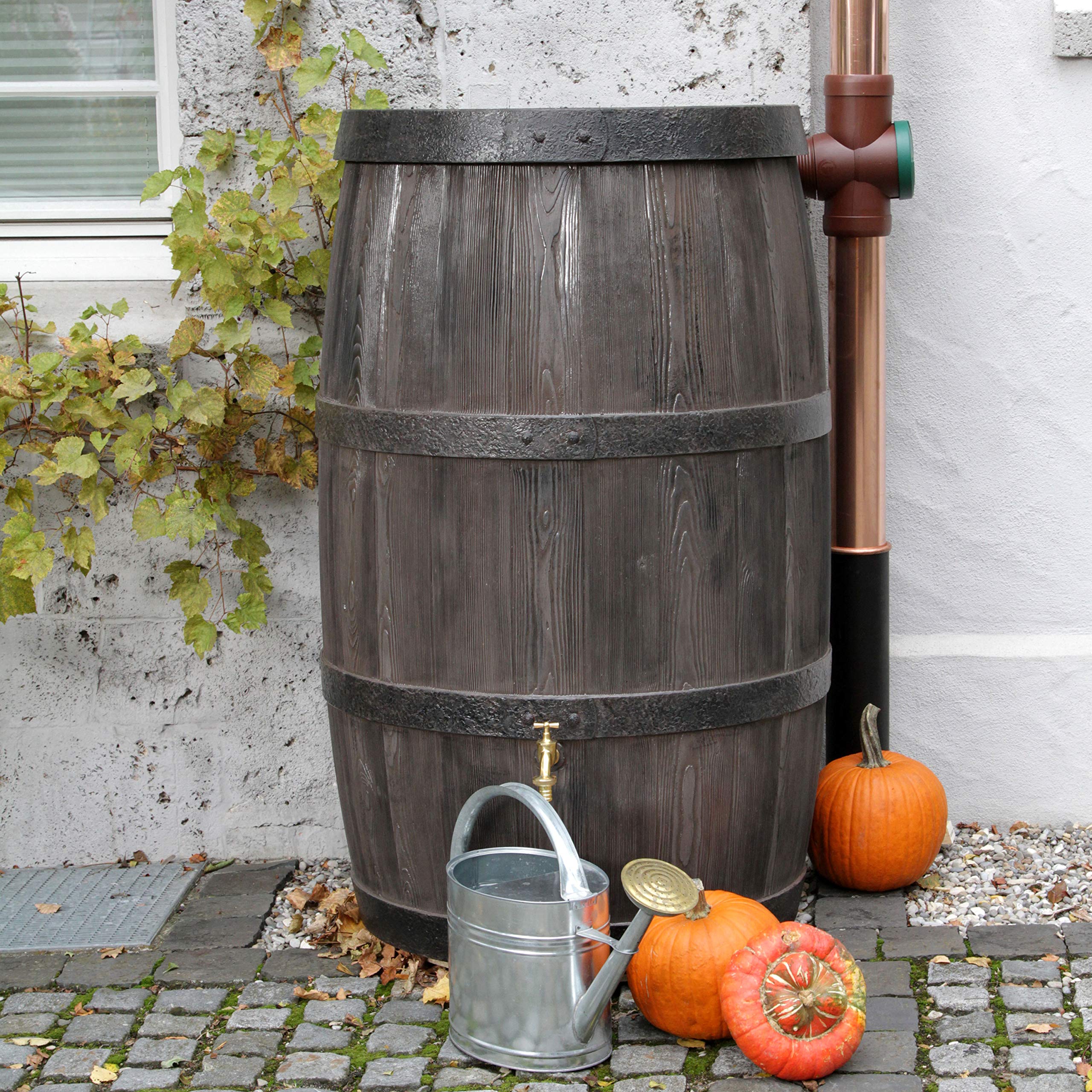 Regentonne rund Regenwassertank Burgund 500 Liter braun aus UV- und witterungsbeständigem Material. Regenfass BZW. Regenwassertonne mit kindersicherem Deckel und hochwertigen Messinggewinde