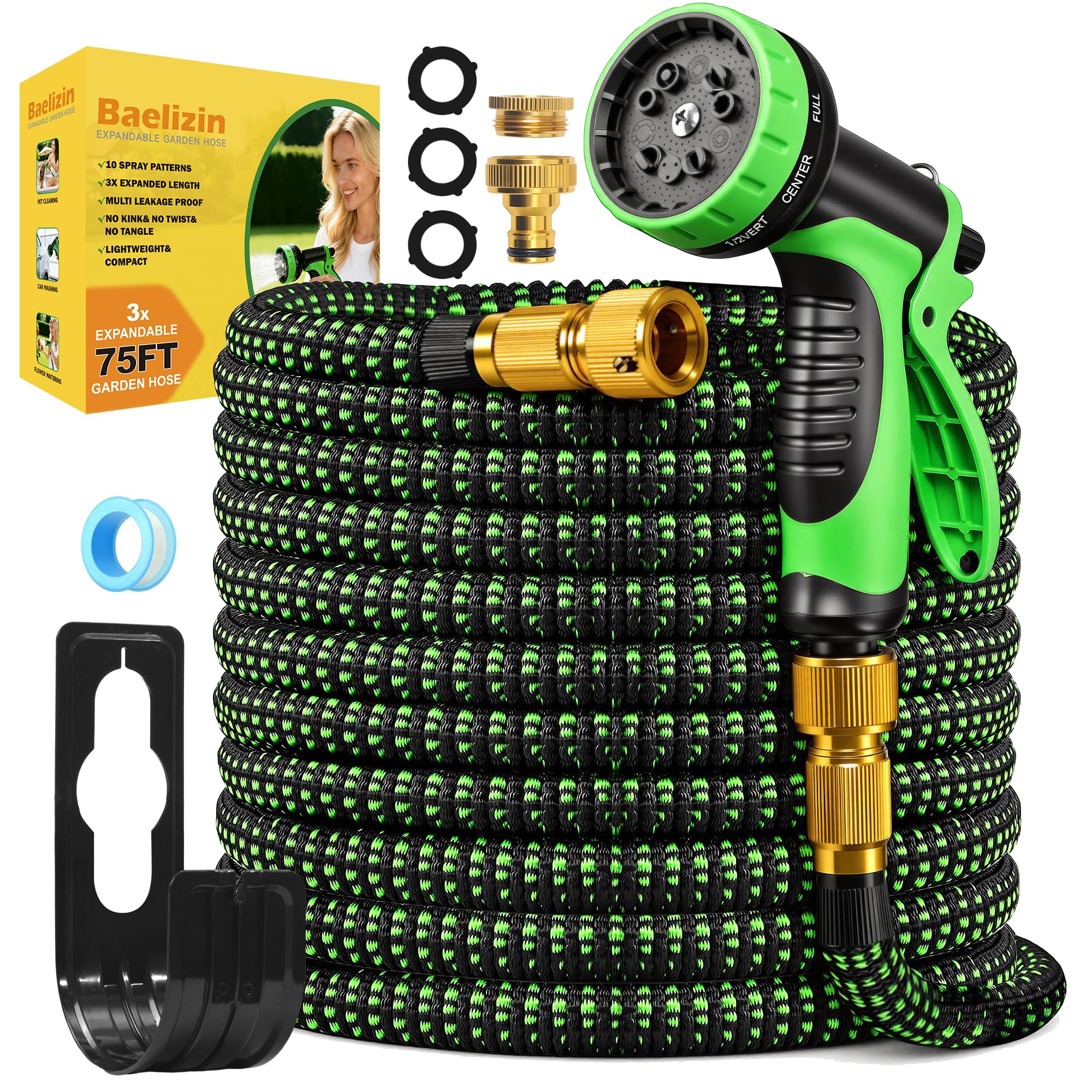 Baelizin 75Ft/23M Expandable Garden Hose Pipe Retractable Flexible Hose Pipe, 10-Pattern Spray Nozzle, 3/4" & 1/2" Alloy Connectors, Leak-Proof, Kink-Free, Expanding Water Hose For Gardening, Washing & Cleaning