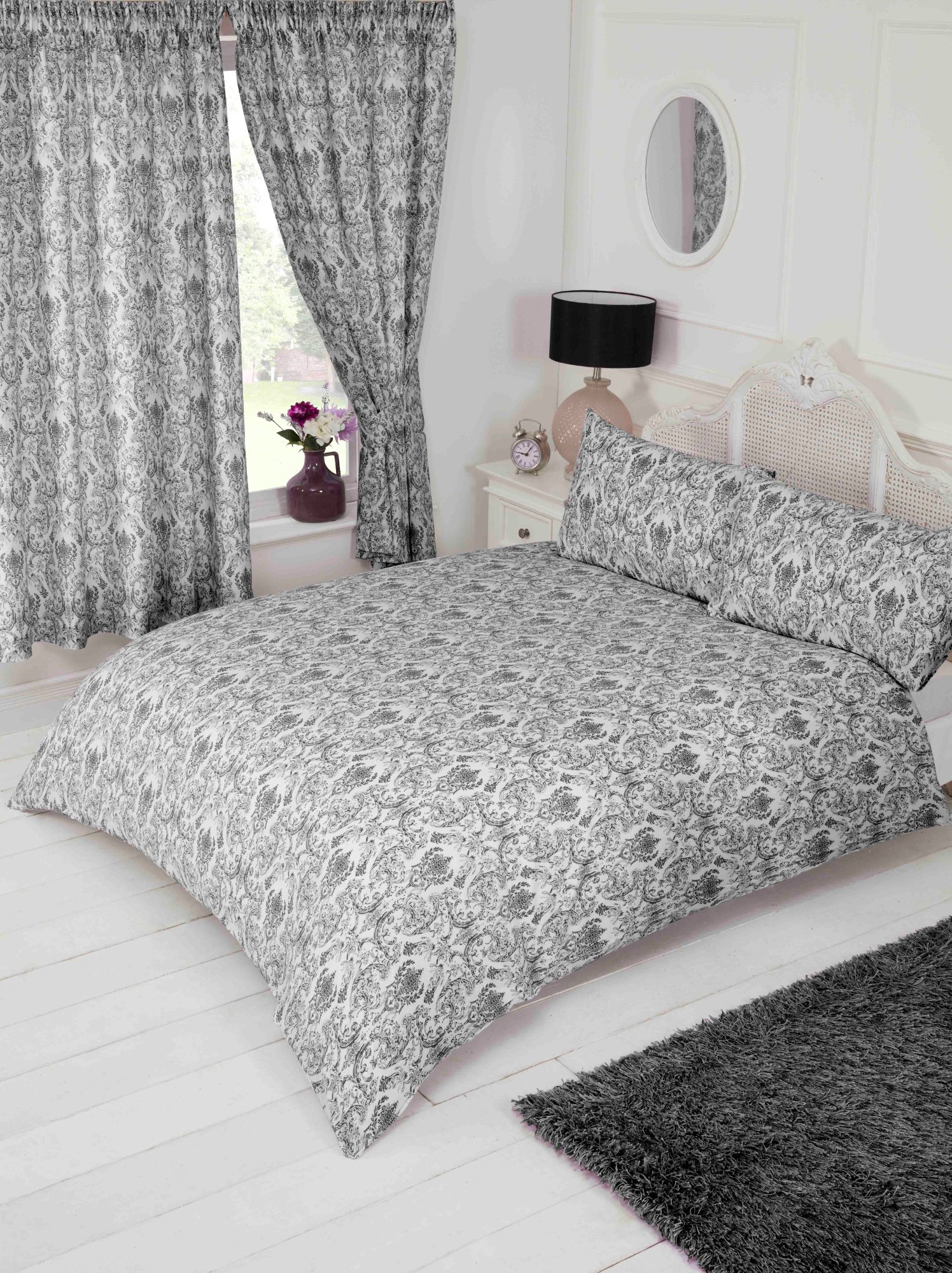 King Size Bed Annette Black, Duvet/Quilt Cover Bedding Set, by MY HOME, Floral Damask Design