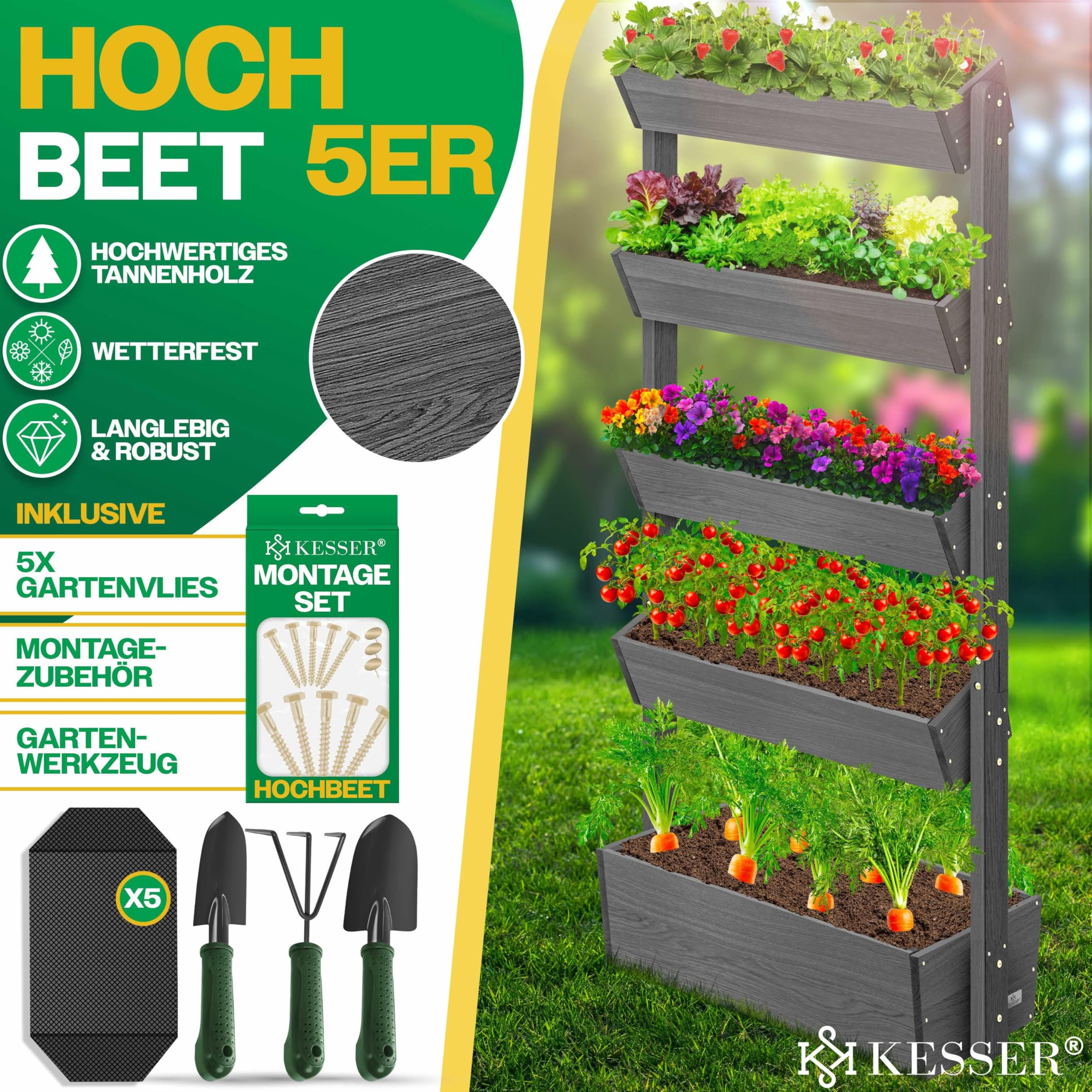 KESSER® Huerto Elevado con Estanterías Macetero de Flores Escalera de Flores Escalera de Plantas Huerto de Verduras Huerto de Hierbas Maceta de Plantas con Tela de Jardín, Antracita, 5 Niveles