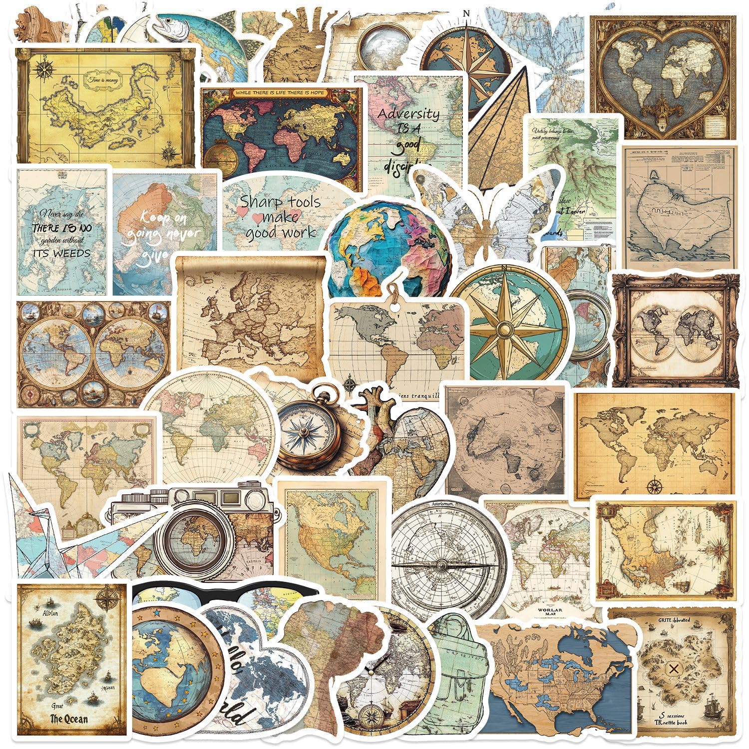 Retro Old World Map Stickers 50PCS for Teens Kids Adults,Vintage Nautical Travel Waterproof Decals for Luggage Skateboard Cars Bike Water Bottle Scrapbook Bumper Laptop Guitar Journal Computer