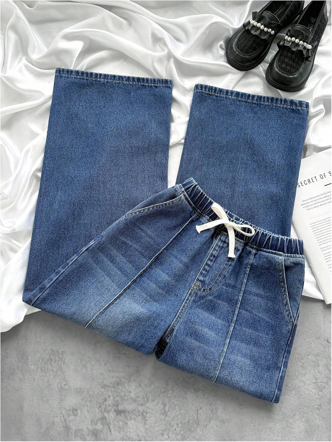 Girl's Y2K Washed Baggy Jeans Wide Leg Elastic Waist Denim Pants with Pockets - Image 5