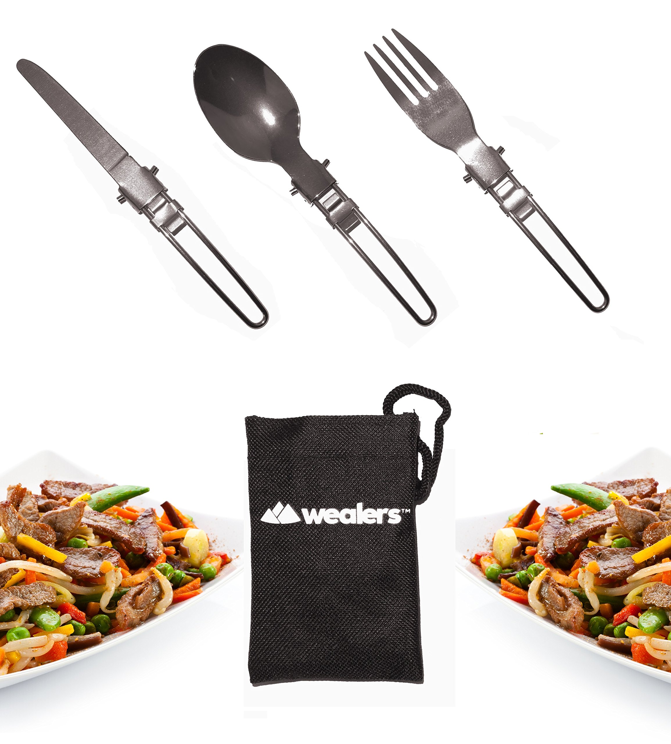 Wealers Stainless Steel 3 Piece Folding Camping Picnic Cutlery Utensil Set, Spoon Fork Knife,