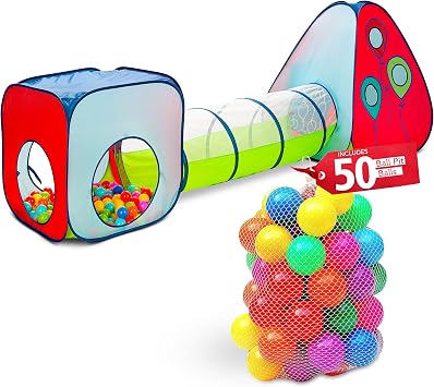 Kiddey 3-in-1 Kids Pop-Up Play Tent, Crawl Tunnel, Ball Pit Set with 50 Play Balls - 3 Piece Durable Pretend Playhouse Tent for Boys, Girls, Toddlers & Pets - Indoor & Outdoor with Carry Case
