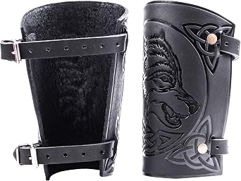Leather Handmade Wrist Cuffs Bracers - LARP Gauntlet - Real Leather Wristbands - Viking Cosplay Armor Bracelets Wolf Embossing Archery Armguard - Length 6" 16wuc