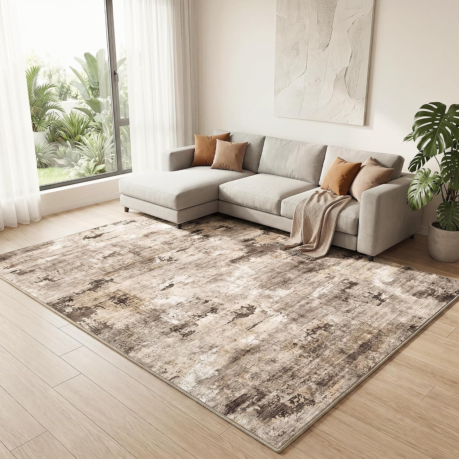 Washable Living Room Area Rug, 6'x9', Neutral Taupe