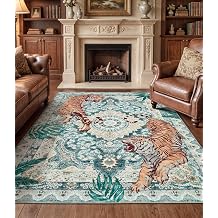 chakme Tiger Area Rug 6x9 Vintage Boho Area Rug for Living Room Soft Non Slip Washable Rug Stain Resistant Indoor Botanical Animal Carpet for Bedroom, Dining Room, Office, Teal Medallion