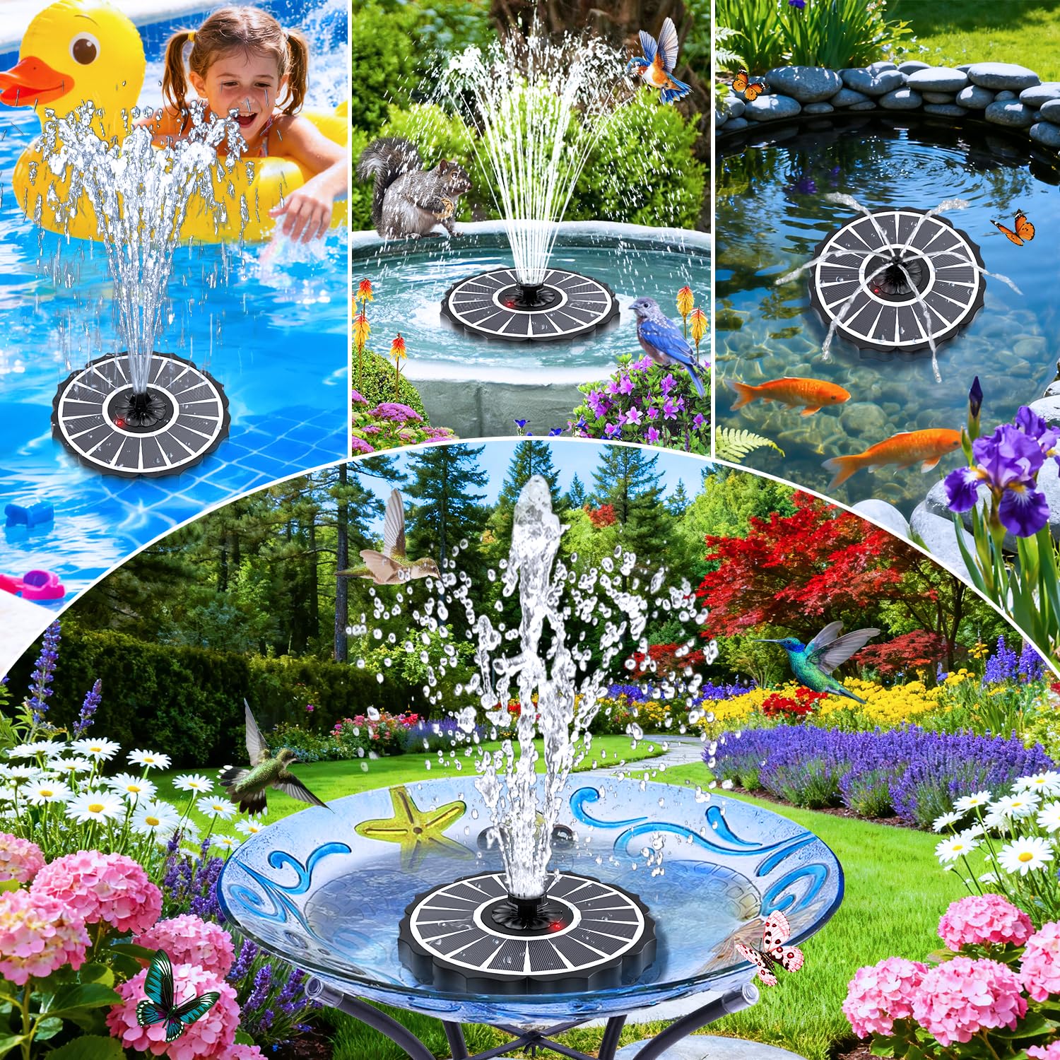 SZMP Fontana Solare con Indicatore di Batteria & 2000mAh, 3.5W Vetro Pompa ad Acqua Solare 2026 Migliorato, Fontana da Giardino Esterno con 8 Ugelli per Bagno per Uccelli, Laghetto, Giardino