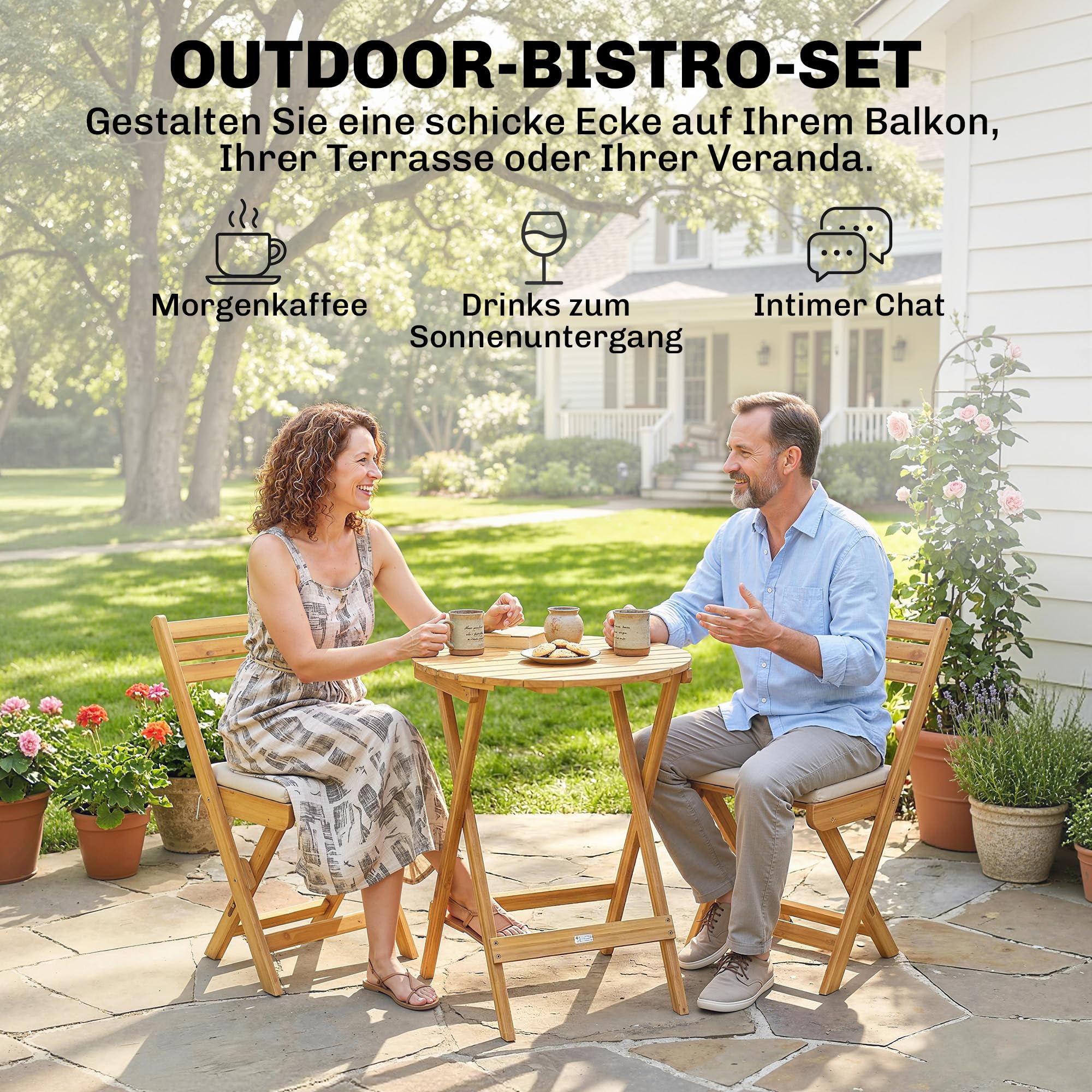 Outsunny Balkonmöbel Set 3 teilig FSC Akazienholz klappbar Gartenmöbel Set mit runder Tisch 2 Stühle Sitzkissen Atmungsaktiv Lamellsitz, Balcony Furniture Sitzgruppe für Garten Balkon Naturholz