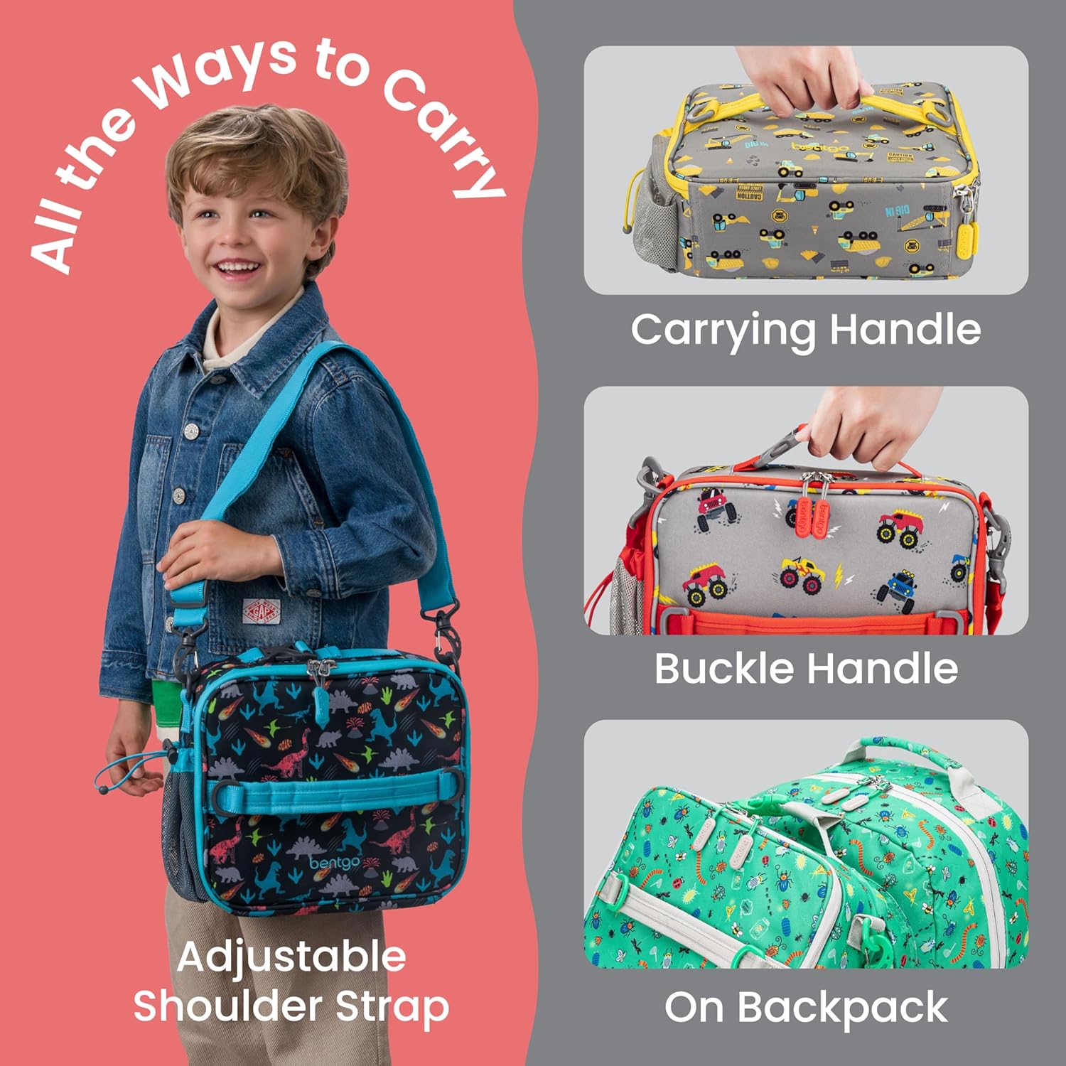 Bentgo Kids Lunch Bag - Double-Insulated, Reusable Lunch Bag for Kids 3+ with Adjustable Strap; Holds Lunch Box/Water Bottle/Snacks; Easy-Clean, Water-Resistant & Pockets (Trucks)