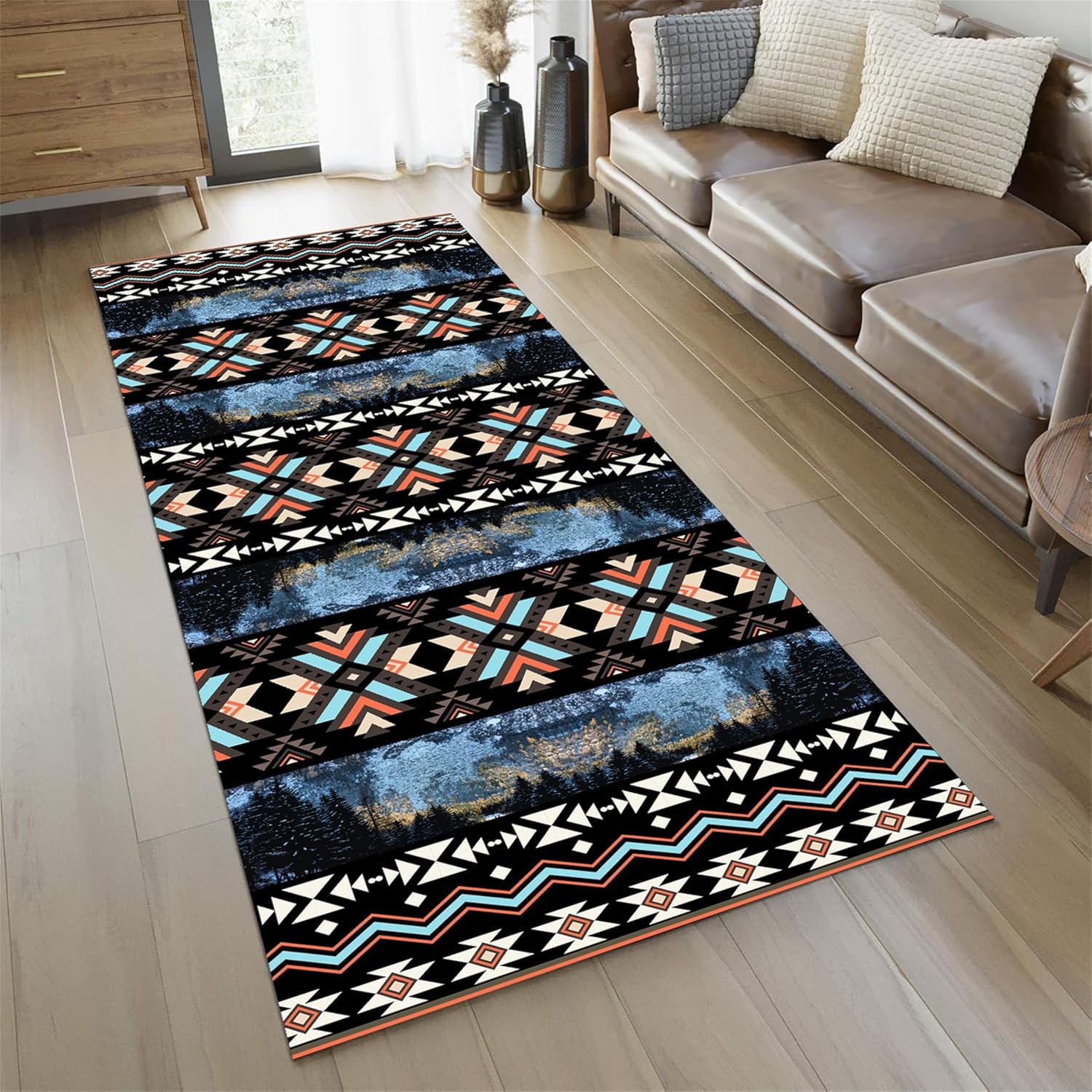 Native American Rug 2x7ft - Soft Durable Tribal Hallway Runner with Blue & Brown Geometric Patterns for Bedroom, Living Room & Bedside Decor Easy to Clean with Non-Slip Backing