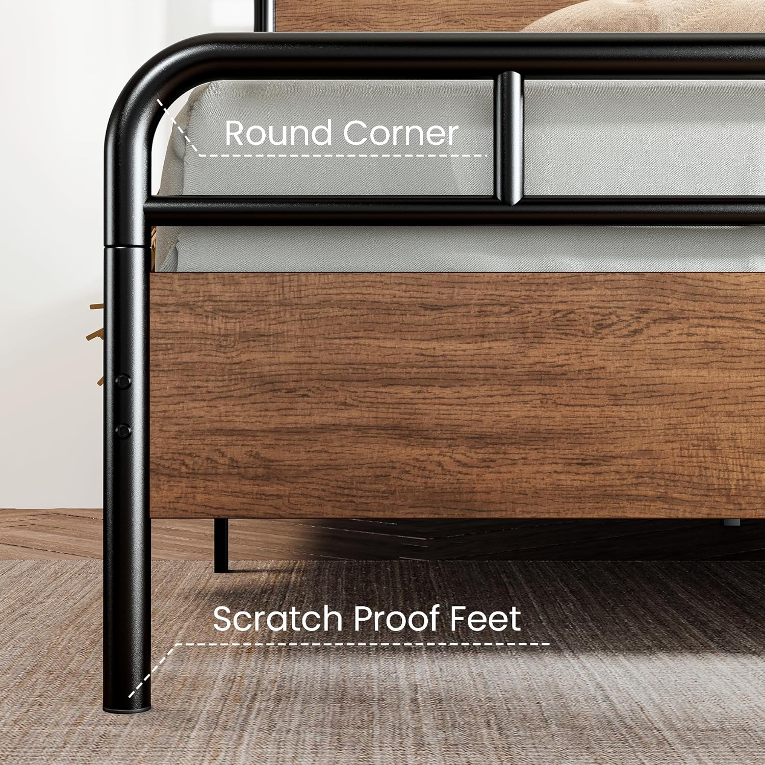 SHA CERLIN Queen Size Bed Frame with Wooden Headboard and Footboard, Rounded Corner Metal Structure, Heavy Duty Slats with Under-Bed Storage, No Box Spring Needed, Walnut
