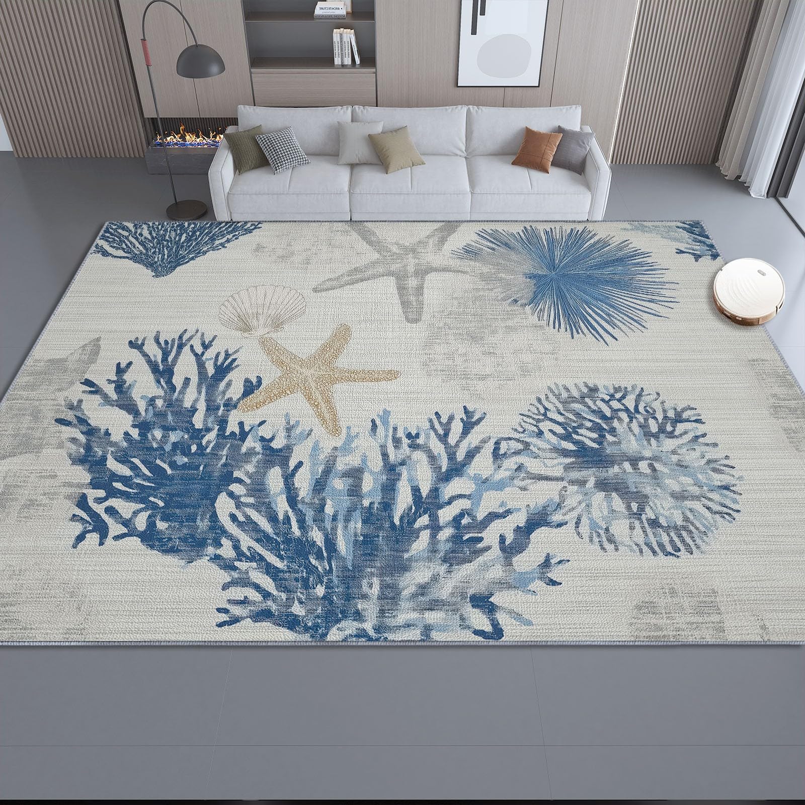 Blu Tappeto Salotto 120 x 170 cm Antiscivolo Tappeti Lavabile Stile Marino Texture Stella Marina Corallo Motivo Pelo Corto per Camerette Camera da Letto Sala da Pranzo