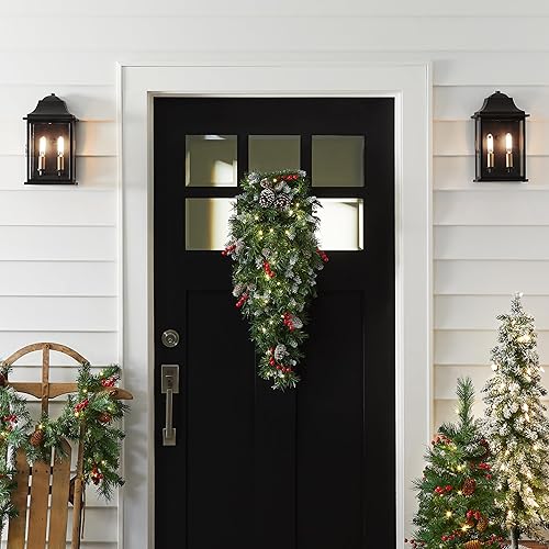 Miniatura 4 de National Tree Company Lágrima de Navidad artificial de bayas esmeriladas preiluminadas de 36 pulgadas, decoración de Navidad con piñas, bayas rojas,