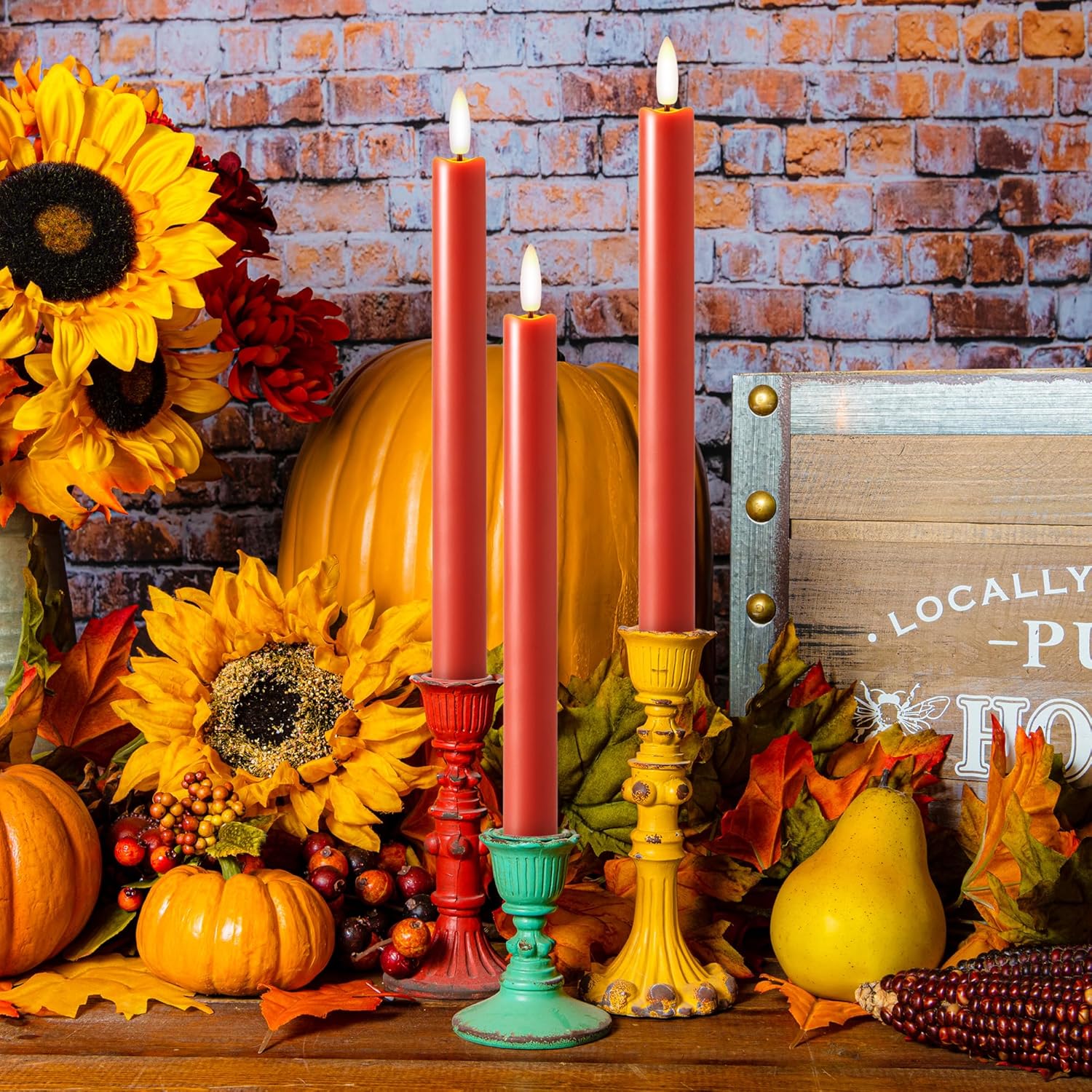 Terra Cotta Flameless Taper Candles with Remote and Timer, 6 Pack LED Candlesticks, 10 Inch Fall Taper Candles Battery Operated with 3D Flickering Flame, Thanksgiving Candle for Table