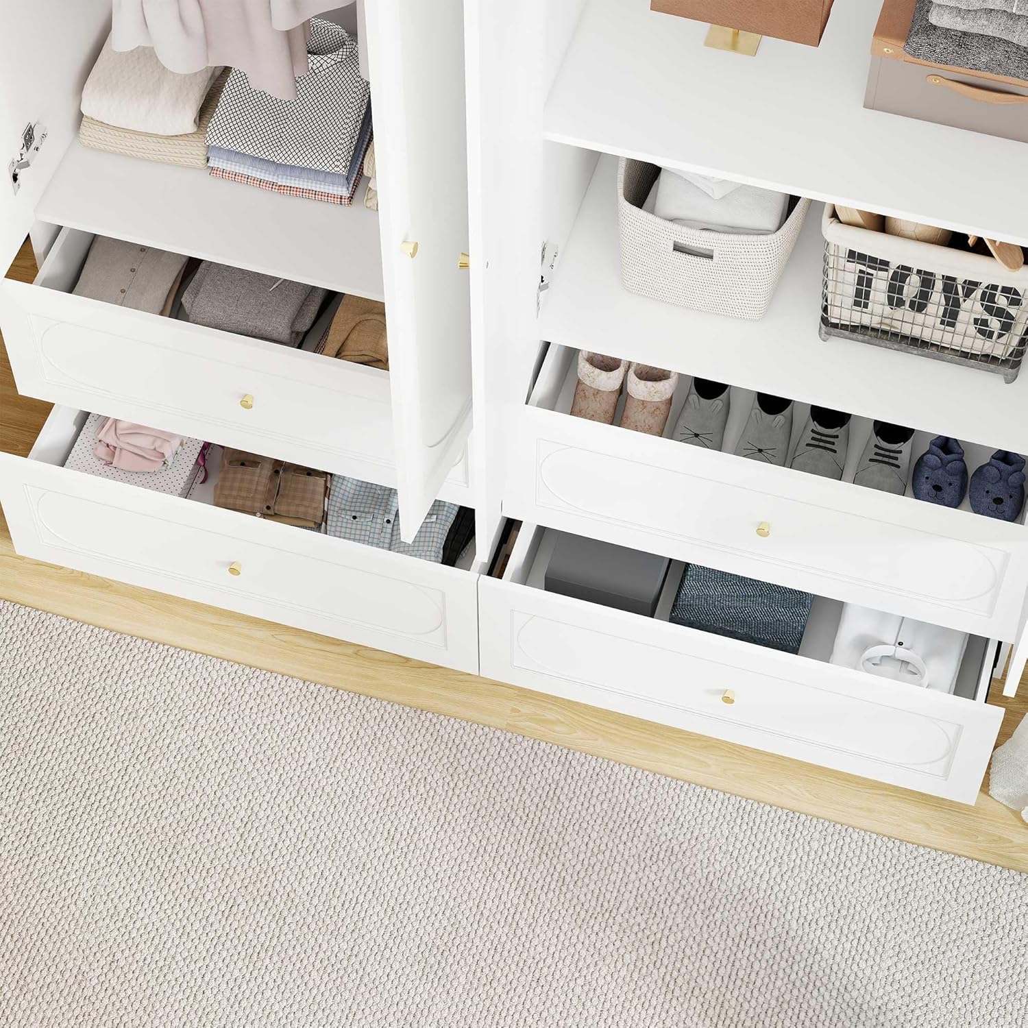 White Wardrobe Closet with Drawers: 74" Large Armoire with 4 Doors and 4 Drawers, Tall Wooden Wardrobe Closet for Hanging Clothes, Modern Bedroom Armoires Closets Cabinet (White)