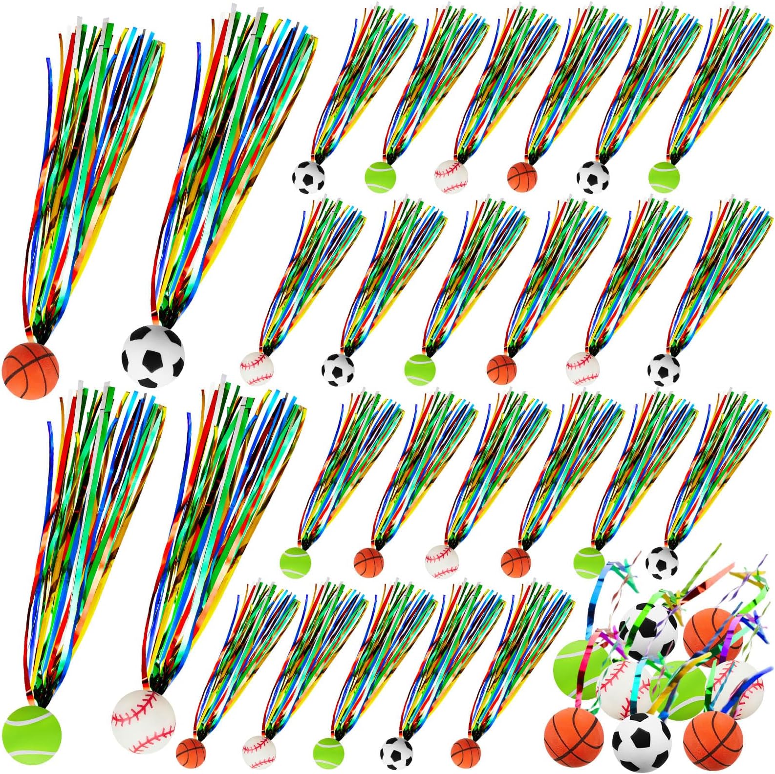 24 Pcs Sportball Party Favors Bulk Sport Themed Party Goodie Bag Filler Stuffer Bouncy Ball Cat Toy with Colorful Streamers Baseball Soccer Volleyball Basketball for Kid Teen Birthday Gift Prize