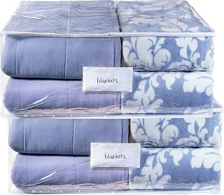 Masirs Clear Blanket Storage Bag (2-Pack) - Vinyl Clothing Organizers with Zipper & Label Pocket - Protects from Dust, Moisture & Dirt - Ideal for Underbed Storage Sheets, Comforters & Bedding
