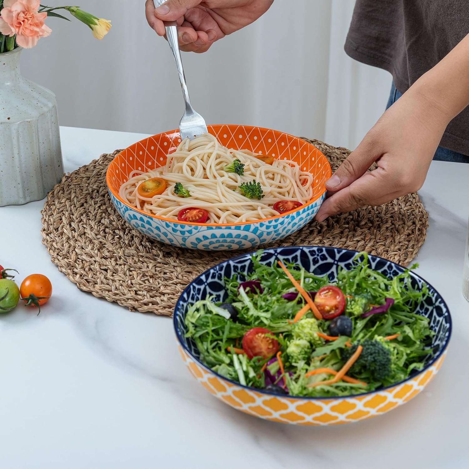 LEHAHA Porcelain Pasta Bowls, 32oz Ceramic Dinneware Dinner Bowls Set of 4, Large Colorful Wide and Shallow Salad Serving Bowls for Kitchen, Dishwasher & Microwave Safe, Multicolor