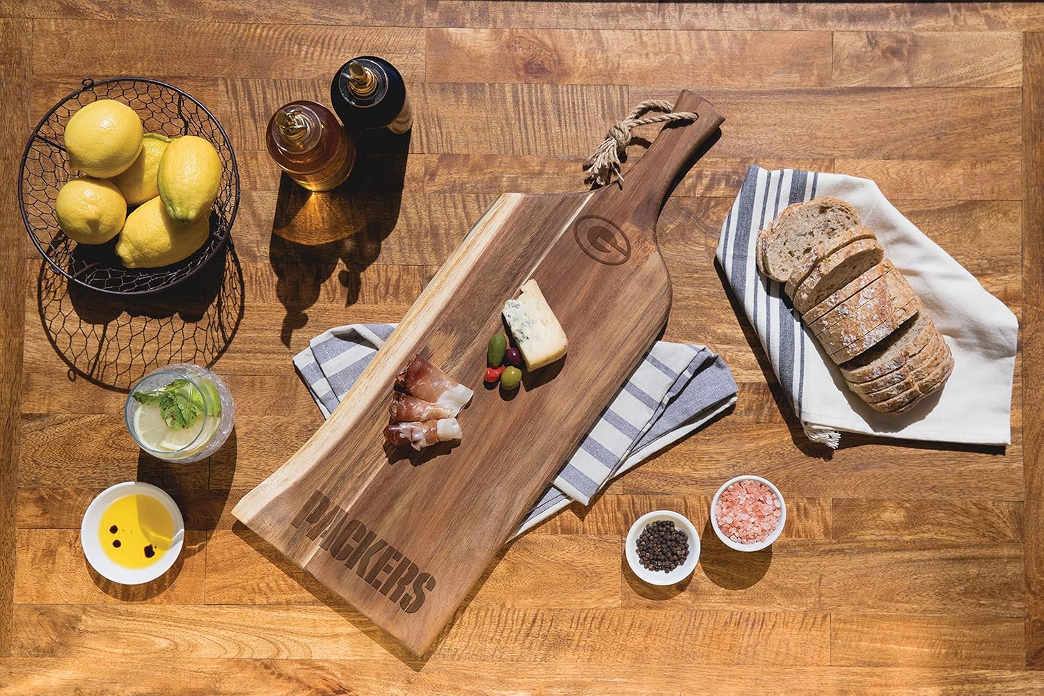 PICNIC TIME NFL Artisan 24" Acacia Charcuterie Board with Raw Wood Edge, Cheese Board, Serving Platter