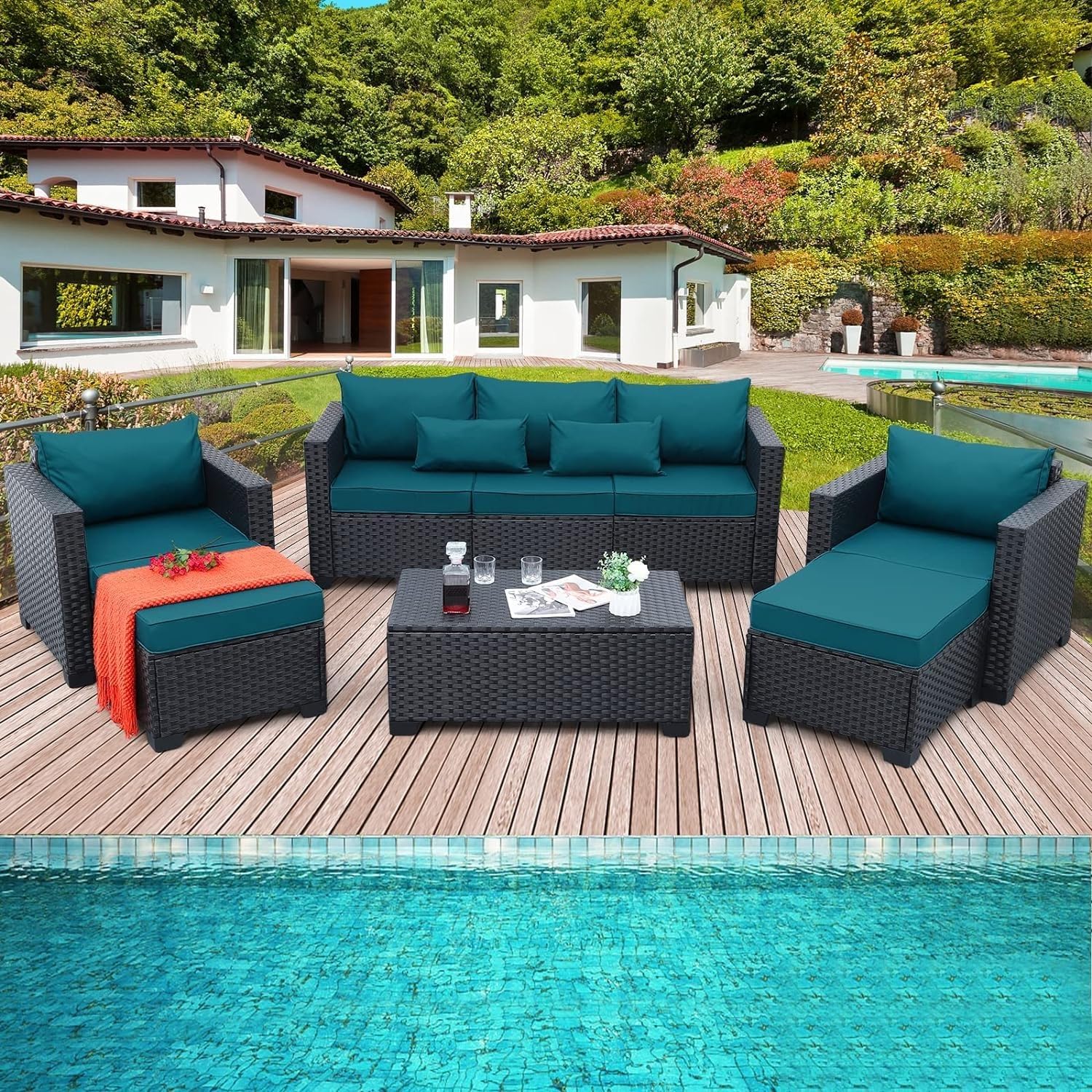 6-Piece Outdoor Terrace Leisure Folding Rattan Table and Chair Garden Balcony Furniture Combination Set PE Wicker Patio Conversation Sets