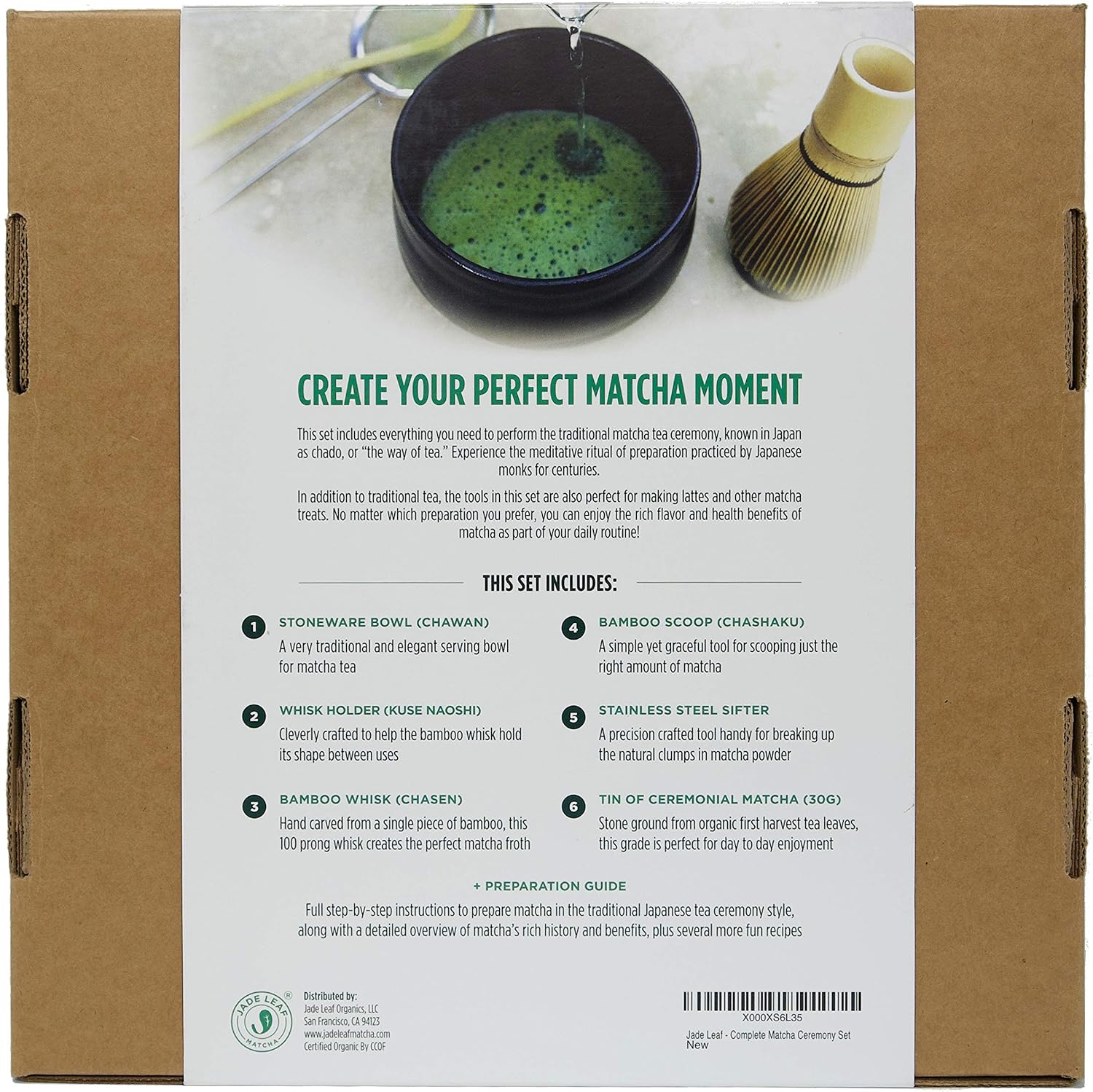 Jade Leaf Matcha 6 Piece Ceremony Set - Includes: 30g Tin of Ceremonial Matcha, Stoneware Bowl & Whisk Holder, Bamboo Whisk & Scoop, Stainless Steel Sifter