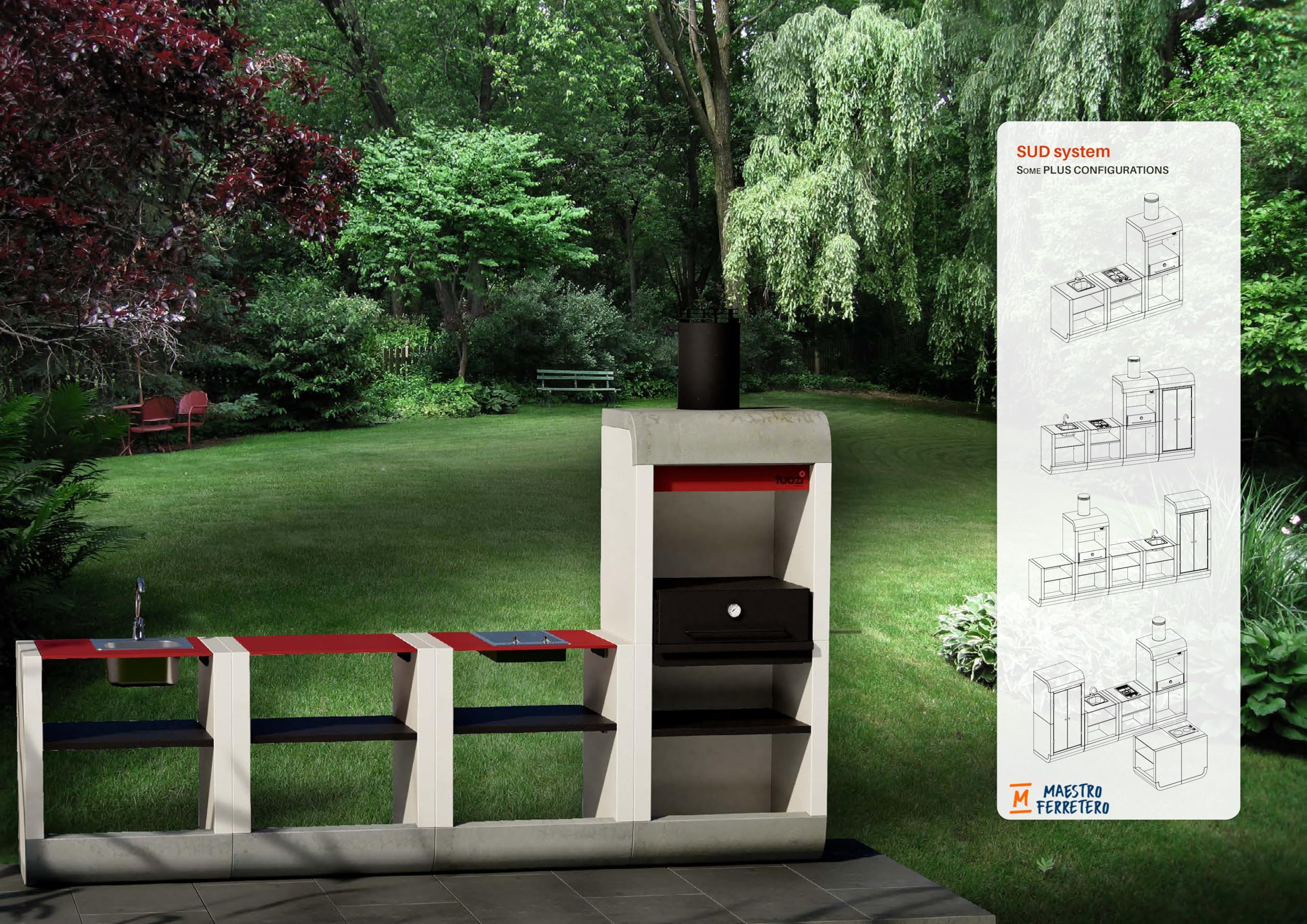 TUOZI - Einbaugrill für Holz und Holzkohle Modell SUD PLUS (Weiß/Grau/Rot - 81 x 60 x 220 cm) REF: 4300/2 - Für den Außenbereich