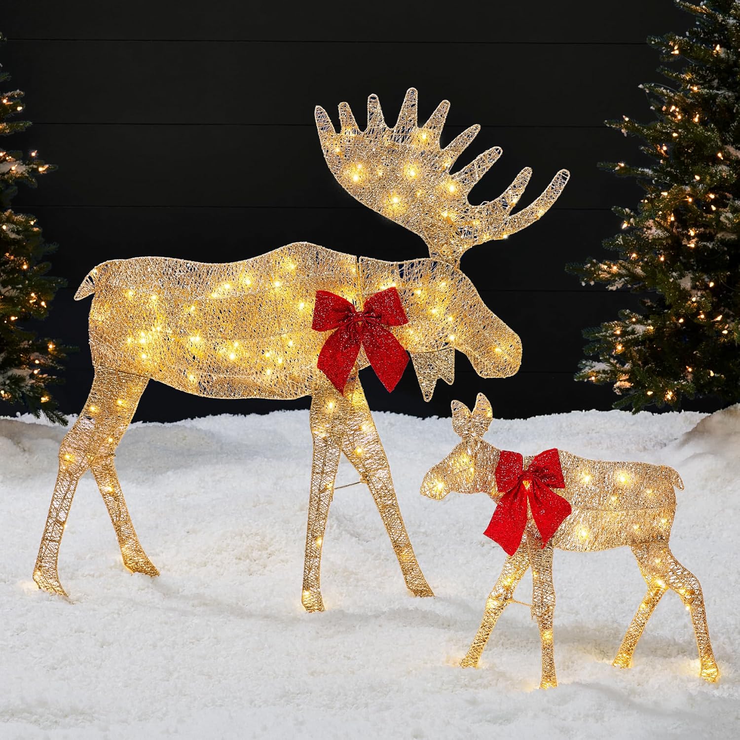 Best Choice Products 2D Moose Family Outdoor 2Pc Christmas Yard Décor, 4ft Lighted Yard Set Prelit All-Weather w/ 125 LEDs, Ground Stakes - Gold