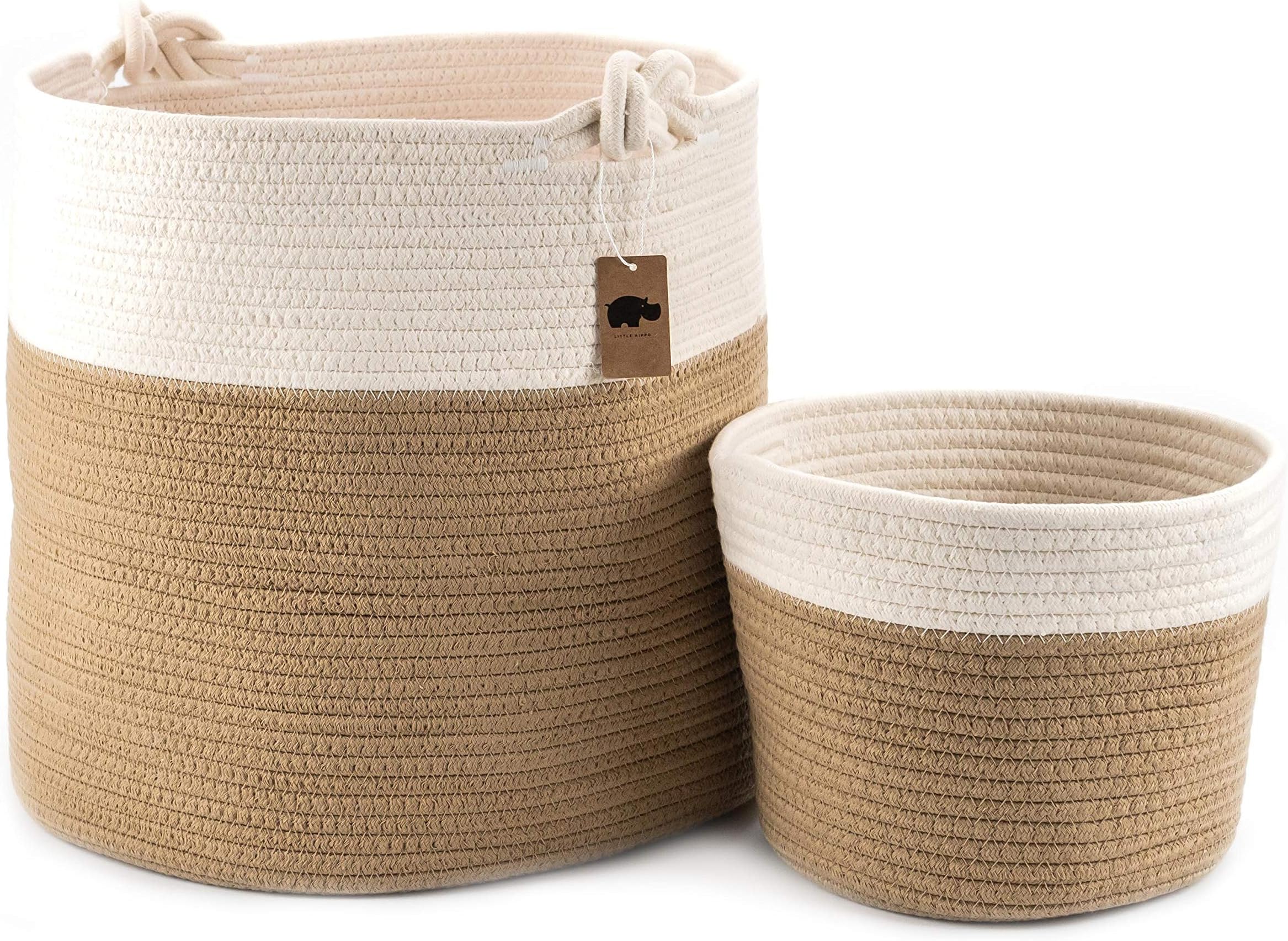 Little Hippo 2pc Large Cotton Rope Basket, White (16"x15") 100% Natural Cotton! Laundry Basket, Woven Storage Basket, Blanket Basket Living Room, Toy Storage Basket, Pillow Basket, Round Basket