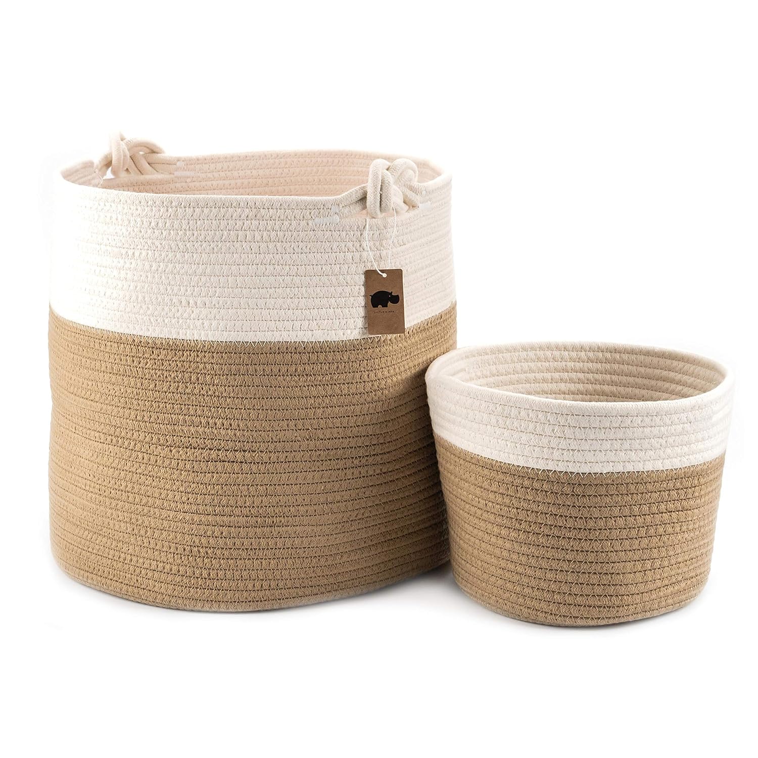 Little Hippo 2pc Large Cotton Rope Basket, White (16"x15") 100% Natural Cotton! Laundry Basket, Woven Storage Basket, Blanket Basket Living Room, Toy Storage Basket, Pillow Basket, Round Basket