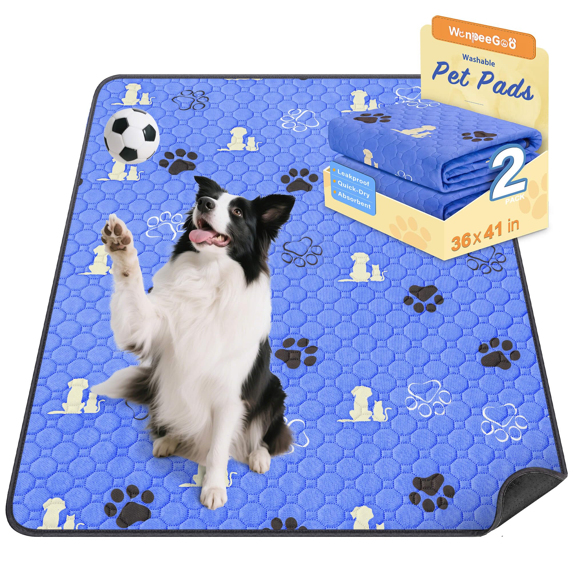 WanpeeGoo Washable Pee Pads for Dogs, 2 Pack Absorbent Reusable Training Dog Pads Pet Puppy Pads, Non-Slip Potty Pads for Whelping, Playpen, Crate, Bed, Blue, 92x92cm