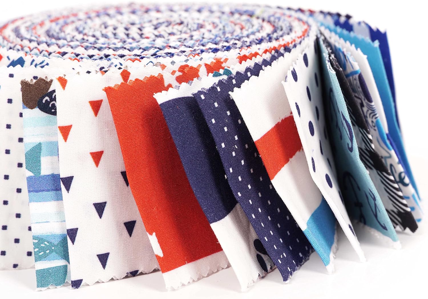 Soimoi 40Pcs Nautical Print Cotton Precut Fabrics for Quilting Craft Strips 2.5x42inches Jelly Roll - Blue, Red & White