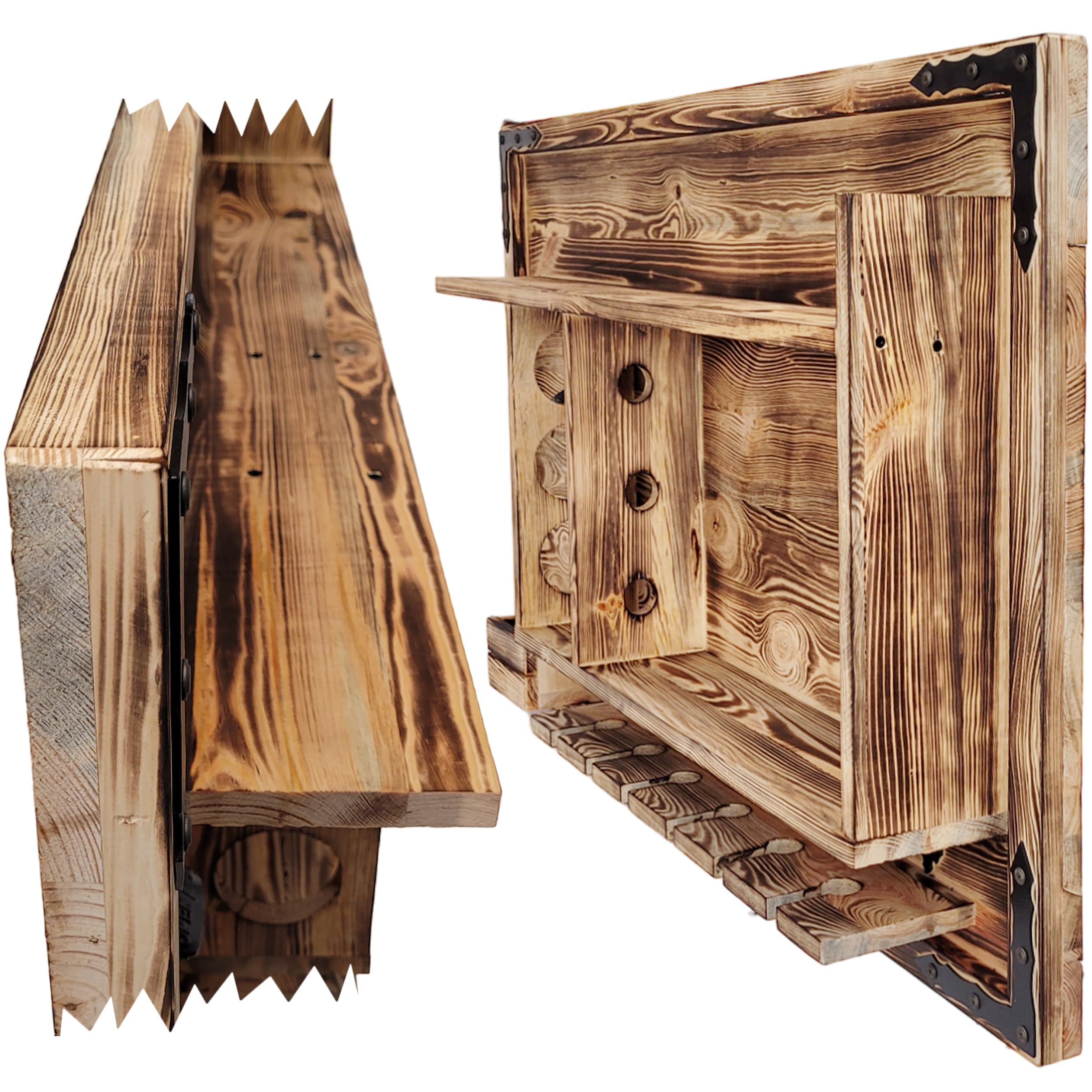 weeco Étagère en bois pour bar à la maison à suspendre - Fabriquée à la main - Style rustique - Étagère murale en bois - Pour bar à vin - Cadeau pour homme - Image 3D en bois