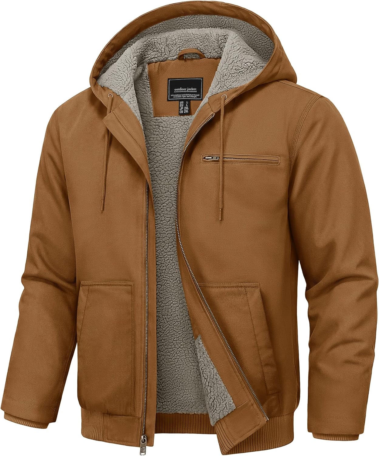 Cotrasen Men's Work Jacket Waterproof Duck Canvas Sherpa Lined Thermal Warm Winter Hooded Coat with Multiple Pockets