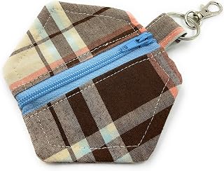 Handmade in Canada - Small Keychain Fabric Pouch - Ear Buds Holder, Lobster Claw, Bag Accessories, Plaid Fabric, Affordable Birthday Gift, Lined, Zippered Tiny Hexagon Shaped Change Purse