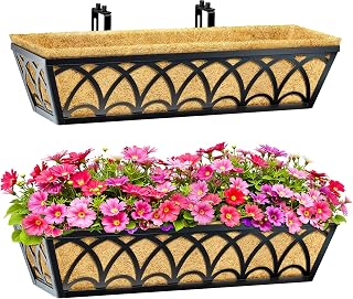 24 Inch Railing Planter Box Window Boxes Planters - 2 Pack Deck Railing Planter Boxes with Adjustable Brackets Coco Liners Balcony Planters Railing Hanging for Window Flower Boxes Outdoor Garden Decor