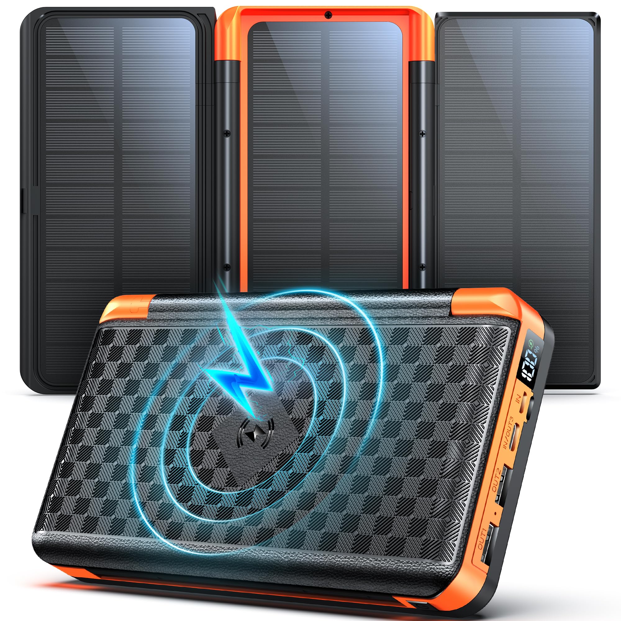 Power Bank 63200 mAh: Ricarica Rapida PD da 22,5 W, 5 Uscite, Caricabatterie Portatile Senza Fili con 3 Pannelli Solari Pieghevoli, Torcia, Display, Caricabatterie Solare ad Alta Capacità per