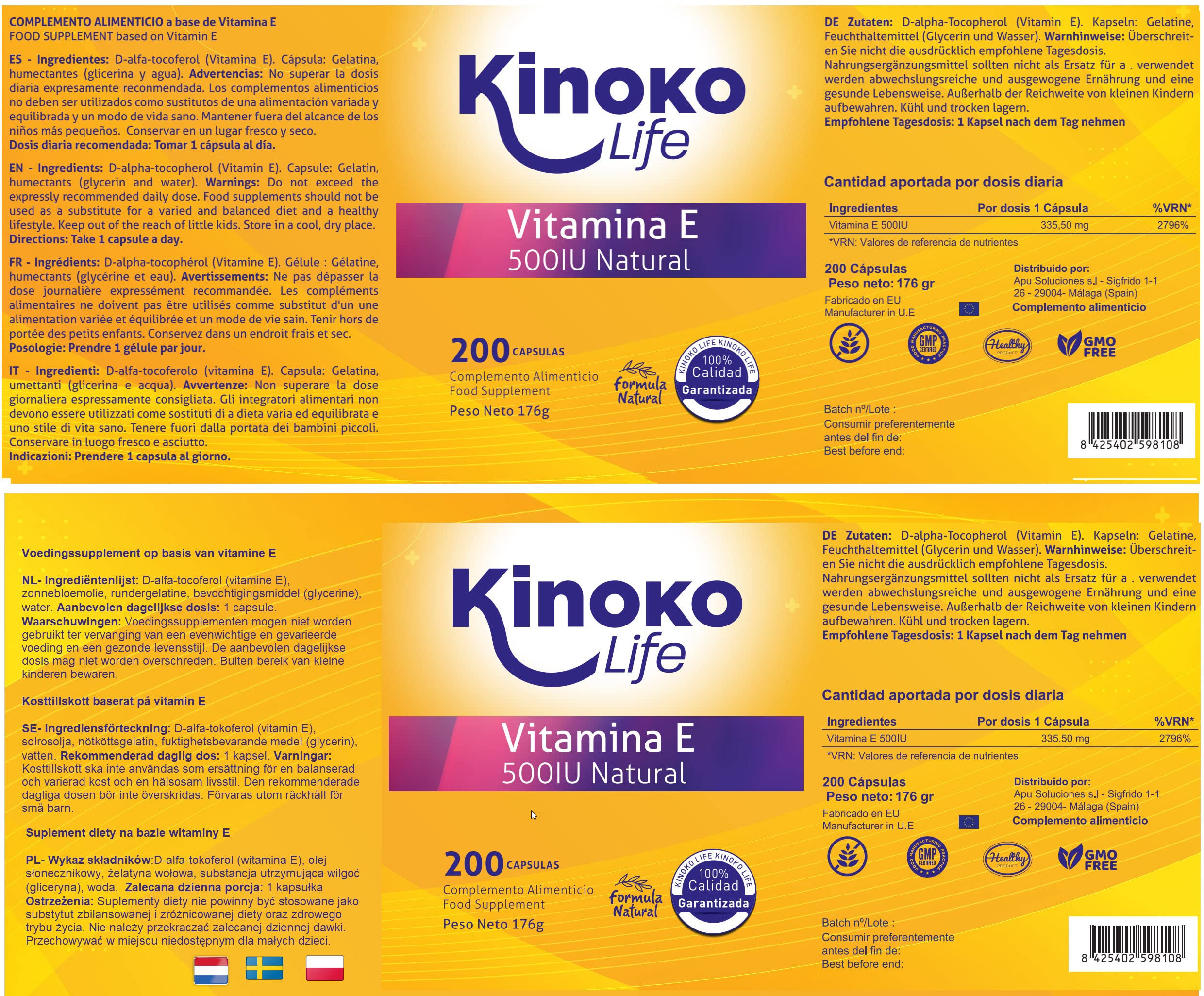 VITAMIN E 500 IE | 200 Kapseln | 100% Fettlöslich und Rein | Schwermetallfrei | Enthält kein Soja | Immunsystem, schützt unsere Haut und unser Herz | Glutenfrei | Ohne Magnesiumstearat