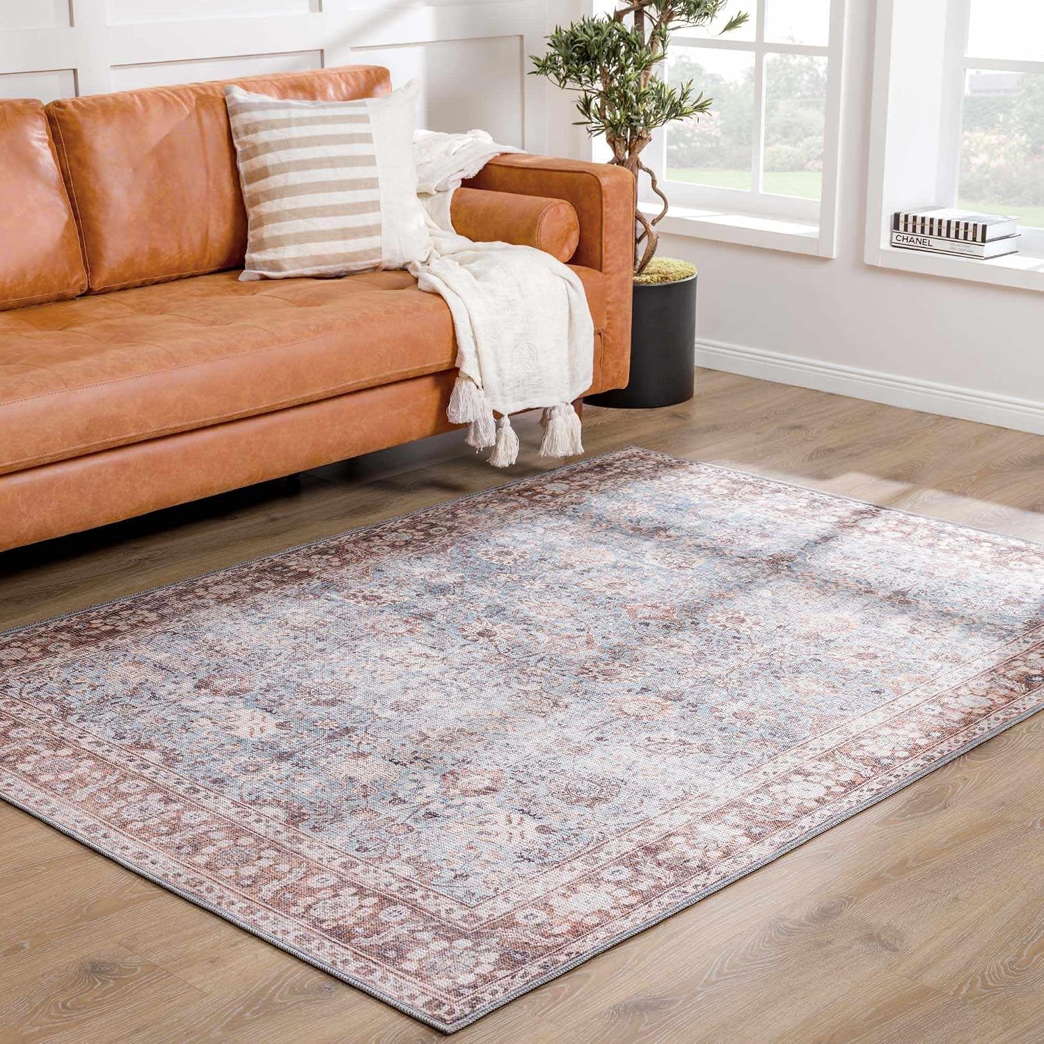 Hauteloom Dominic Traditional Oriental Machine Washable Living Room Area Rug - Bohemian Faded Carpet - Vintage Distressed - Brown, Beige, Blue - 5'3" x 7'3"