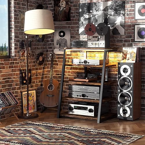 Vista 28 de Armocity Soporte multimedia AV de 4 niveles con regletas de alimentación, soporte estéreo con luces LED, torre de audio en rack con estantes