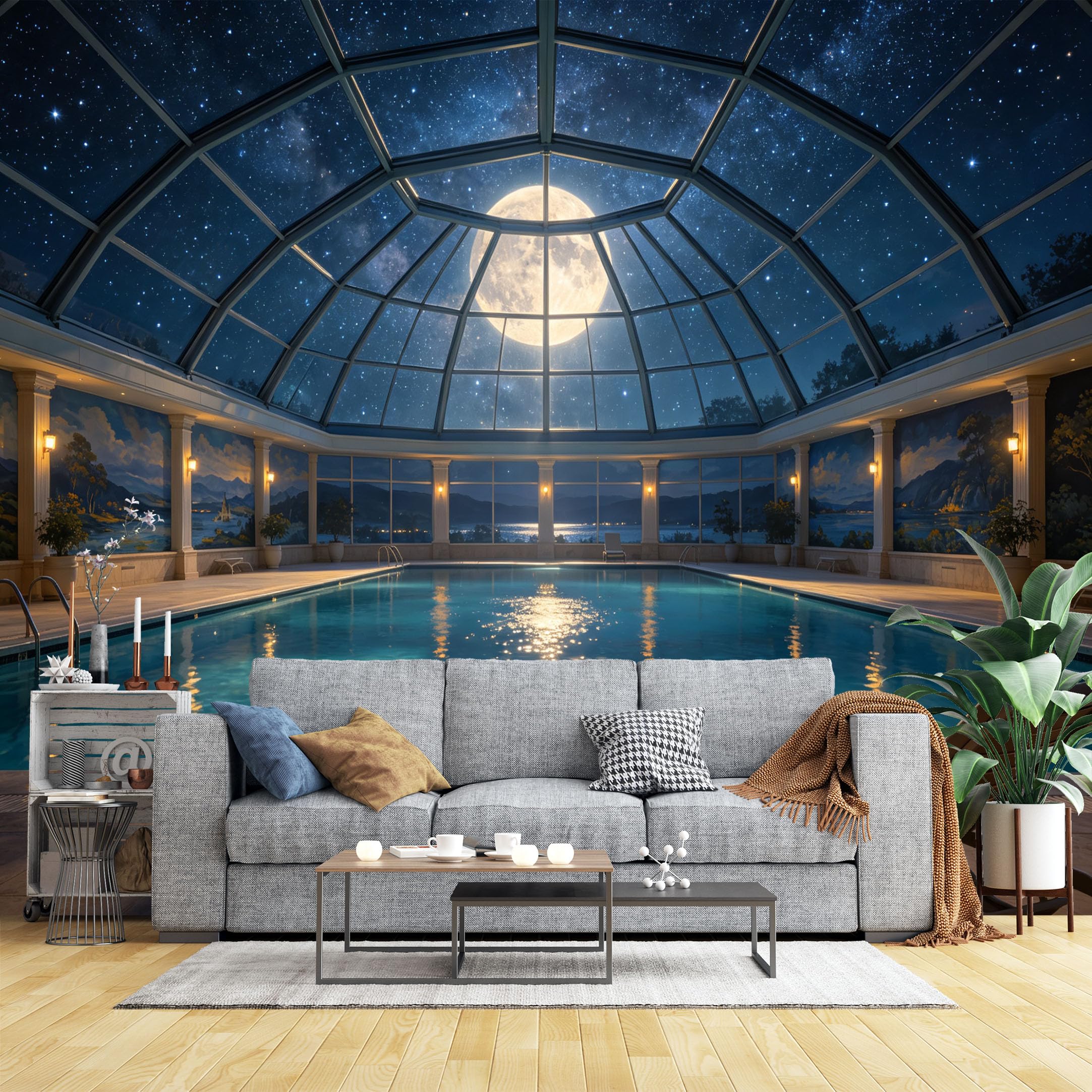 Lcythiazole Ch260604068 Custom Size Wall Murals Glass Dome Pool Under Starry Sky Hd Self-Adhesive Wall Fabric (No Pvc) Removable Wallpaper For Living Room Bedroom
