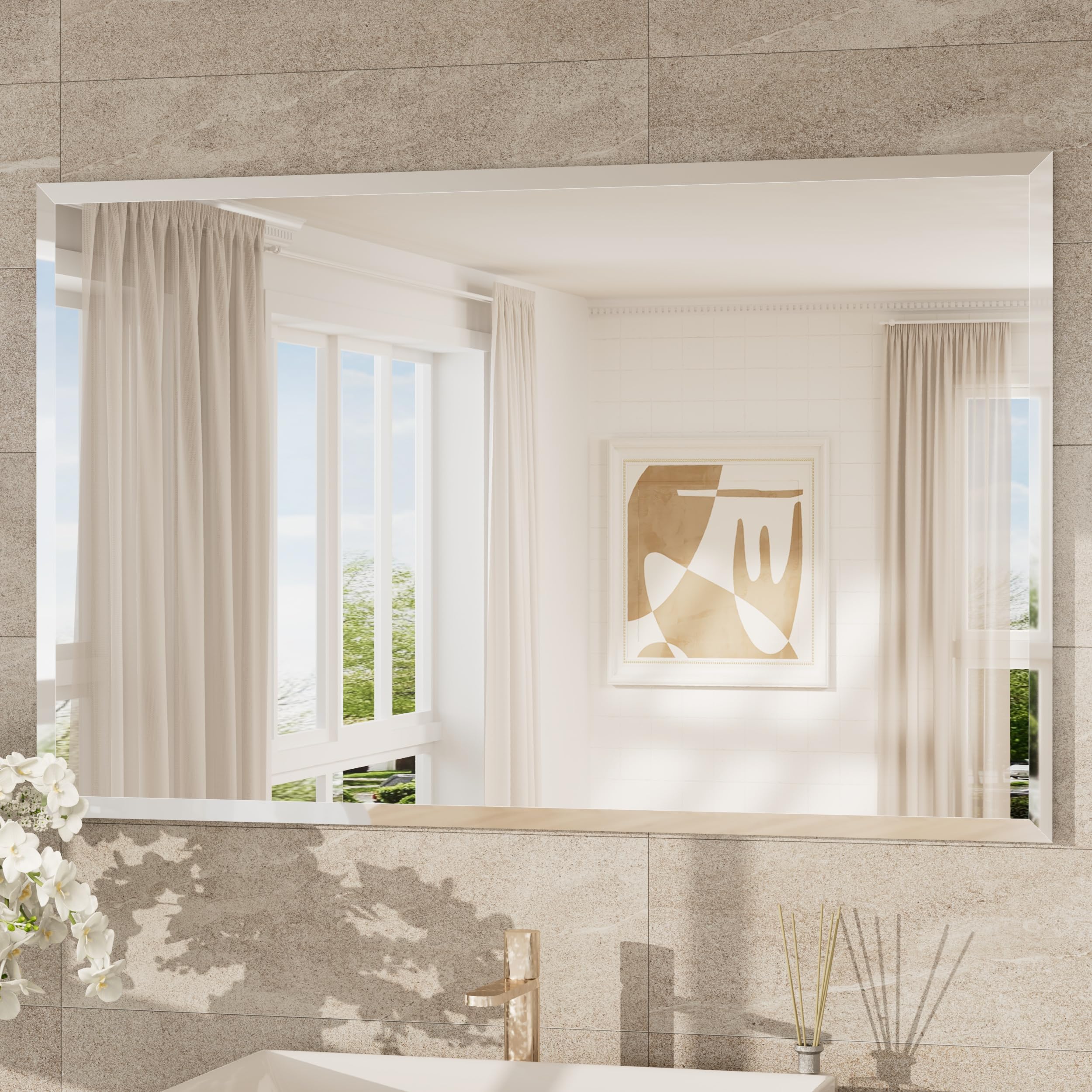 Keonjinn Frameless Bathroom Mirror 120x75cm, Wall Mounted Mirror With Bevelled Edge Design, Rectangular Vanity Mirror for Bathroom, Hallway, Living Room — image 1