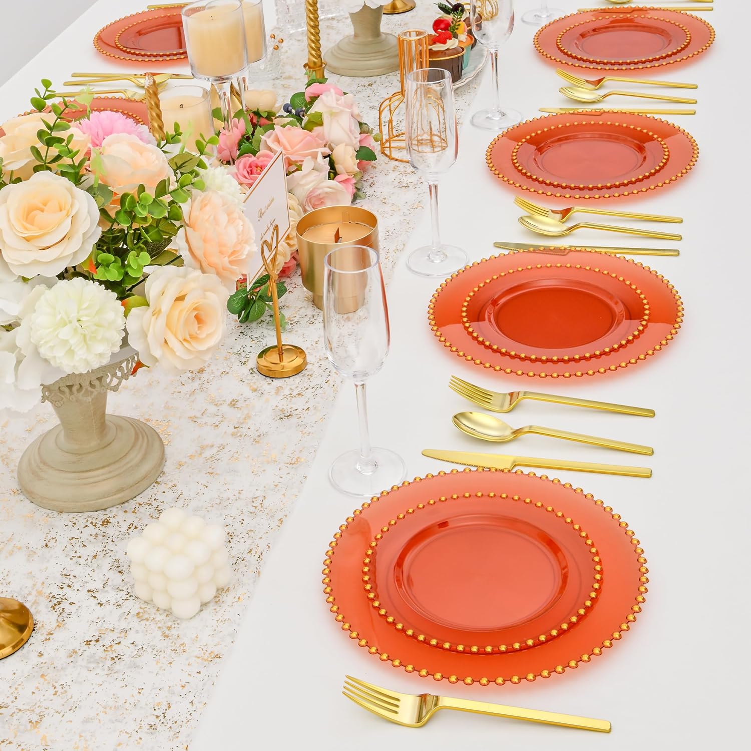80pcs Orange Plastic Plates with Gold Rim, Heavy Duty Fancy Party Plates, 40 Dinner and 40 Dessert Plate for Party, Baby Shower, Wedding, Deaded Disposable Plate