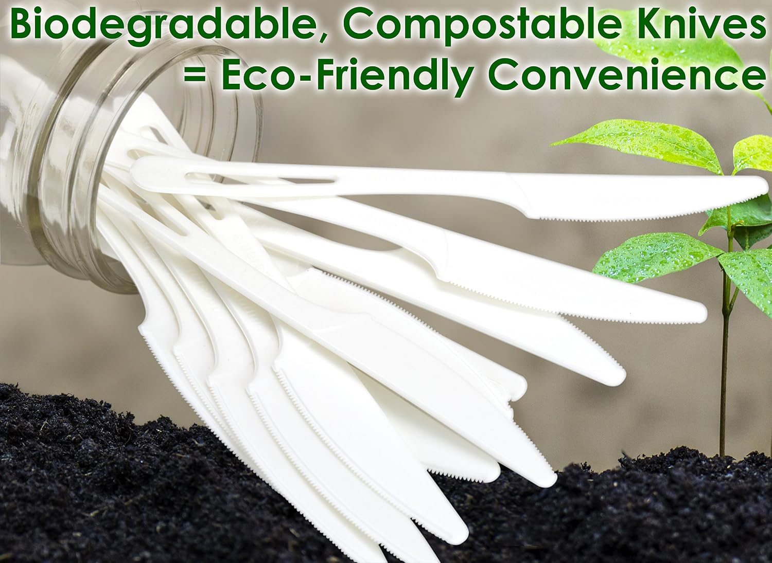 Disposable Knives Made From Non-GMO, Plant-Based, Plastic, 50 Pk. Sturdy Utensils are Certified, Compostable, Eco-Friendly Cutlery With No Wood Taste. Great for Meals. Safe for Hot and Cold Foods!