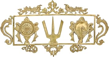 Exotic India Vaishnava Symbols in a Embellished Peacock Frame - Wall Hanging Hoysala Art - Bronze Statue from B