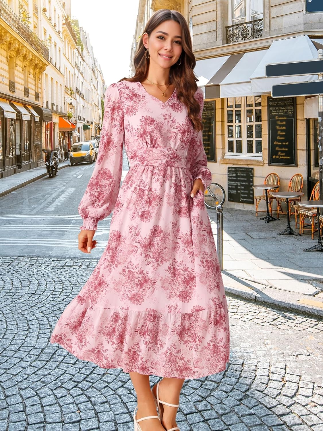 Seta T Women's Long Sleeve Floral Dresses V Neck Boho Ruffle Tiered Flowy Chiffon Midi Dress with Pocket - Image 3