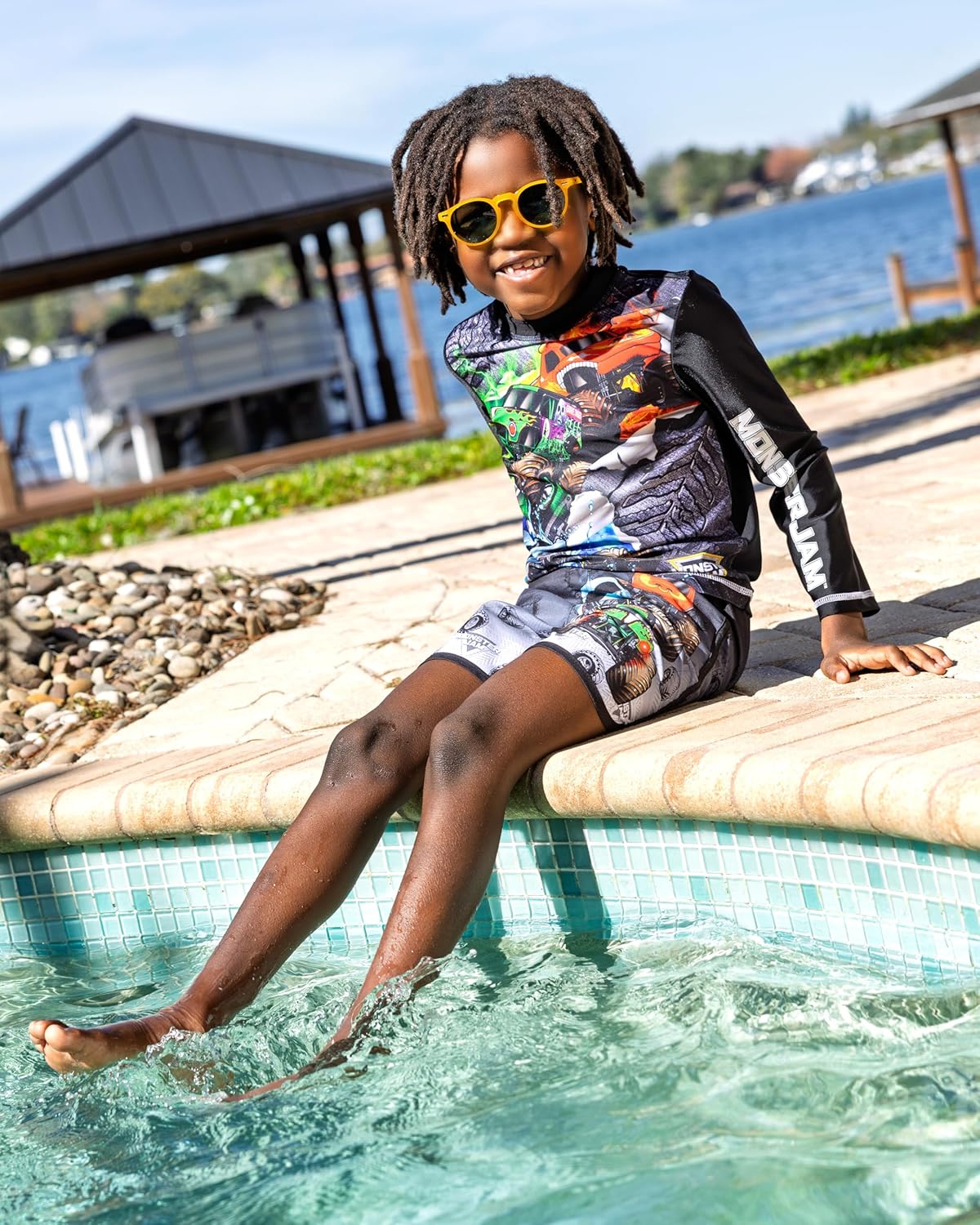 Monster Jam Rash Guard and Swim Trunks Outfit Set UPF 50+ Toddler to Little Kid Grave Digger El Toro Loco Megalodon - Image 2