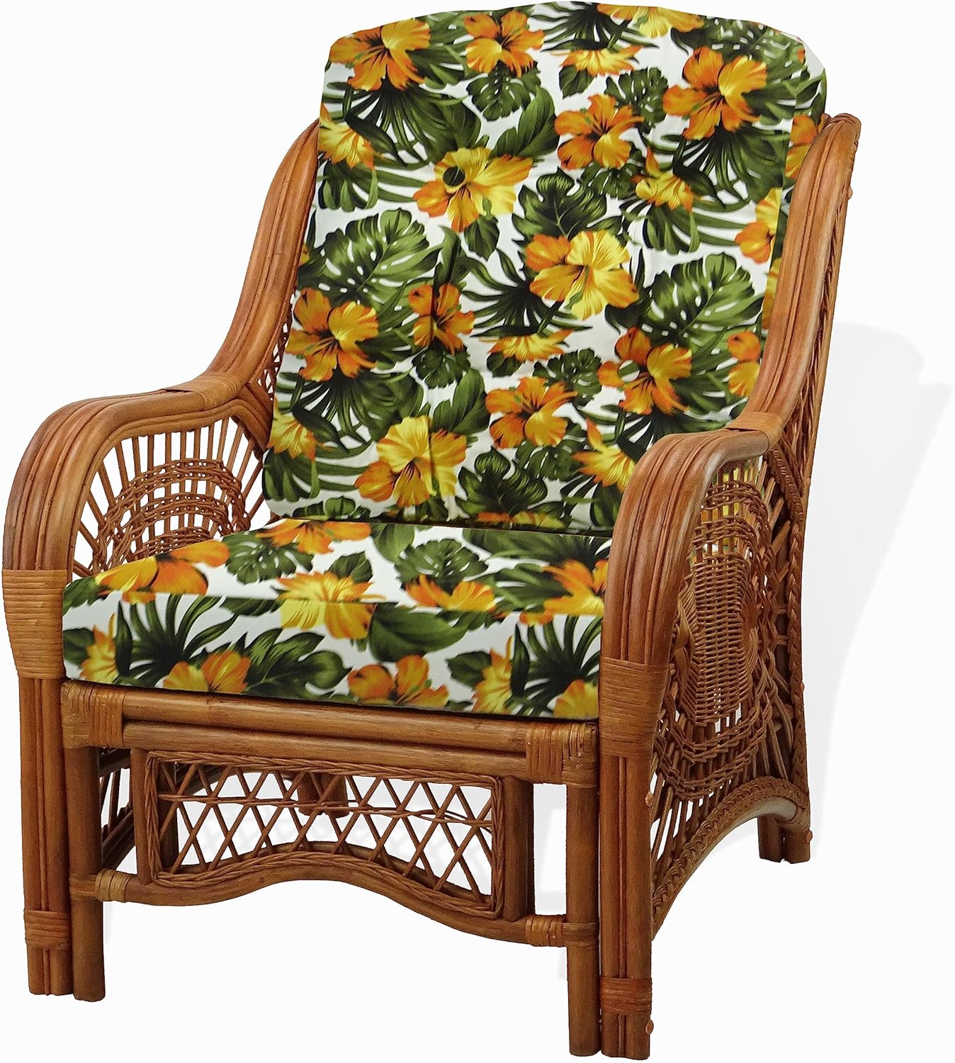 Malibu Lounge Living Accent Armchair Natural Rattan Wicker Handmade Design, Colonial Color with Floral Cushion