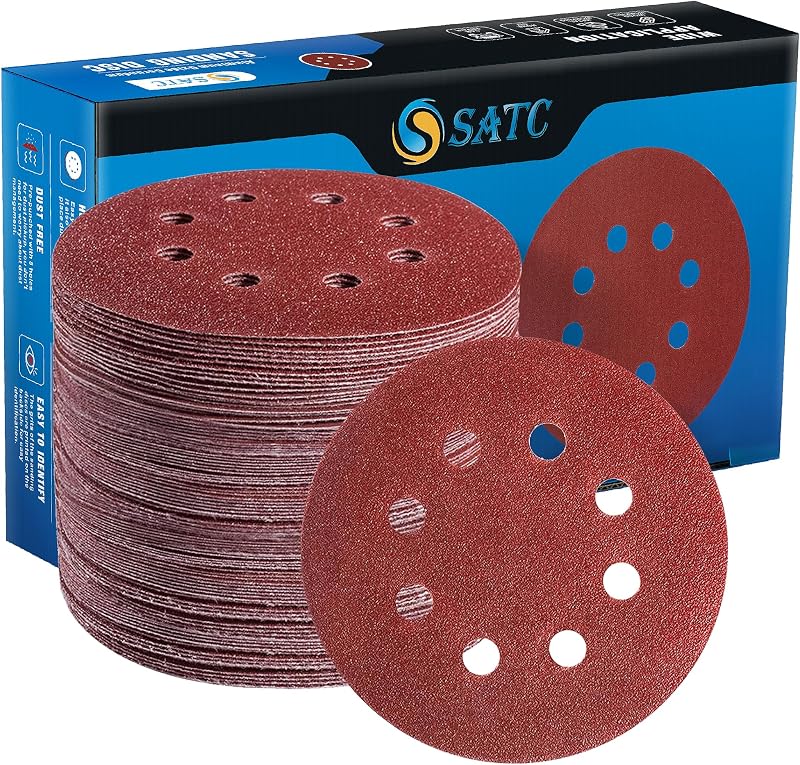 72 PCS 5 Inch 8 Hole Hook and Loop Adhesive Sanding Discs Sandpaper for Random Orbital Sander 40 60 80 120 180 240 320 Grits